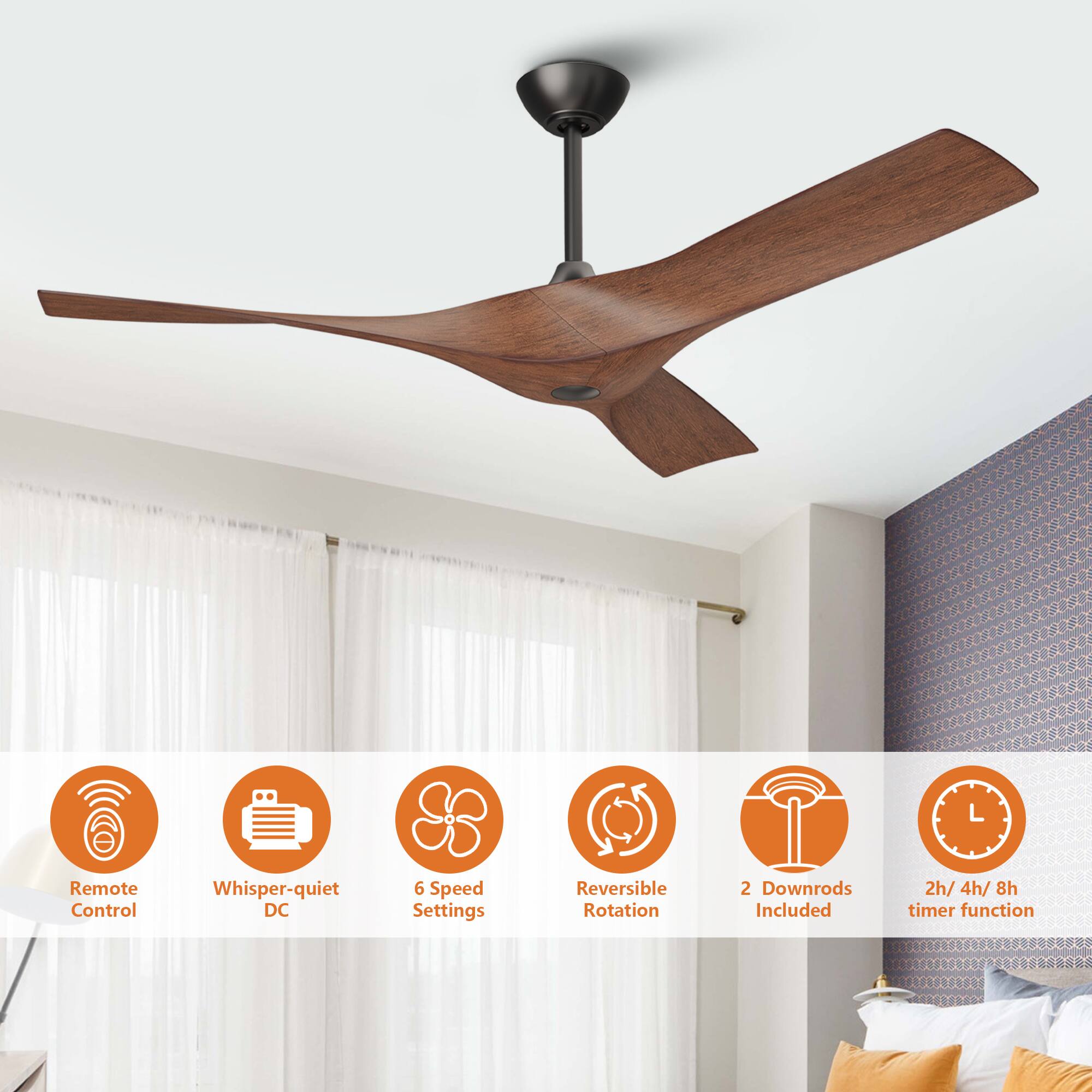 - Remote Control
- Whisper-quiet DC
- 6 Speed Settings
- Reversible Rotation
- 2 Downrods Included
- 2h/4h/8h timer function