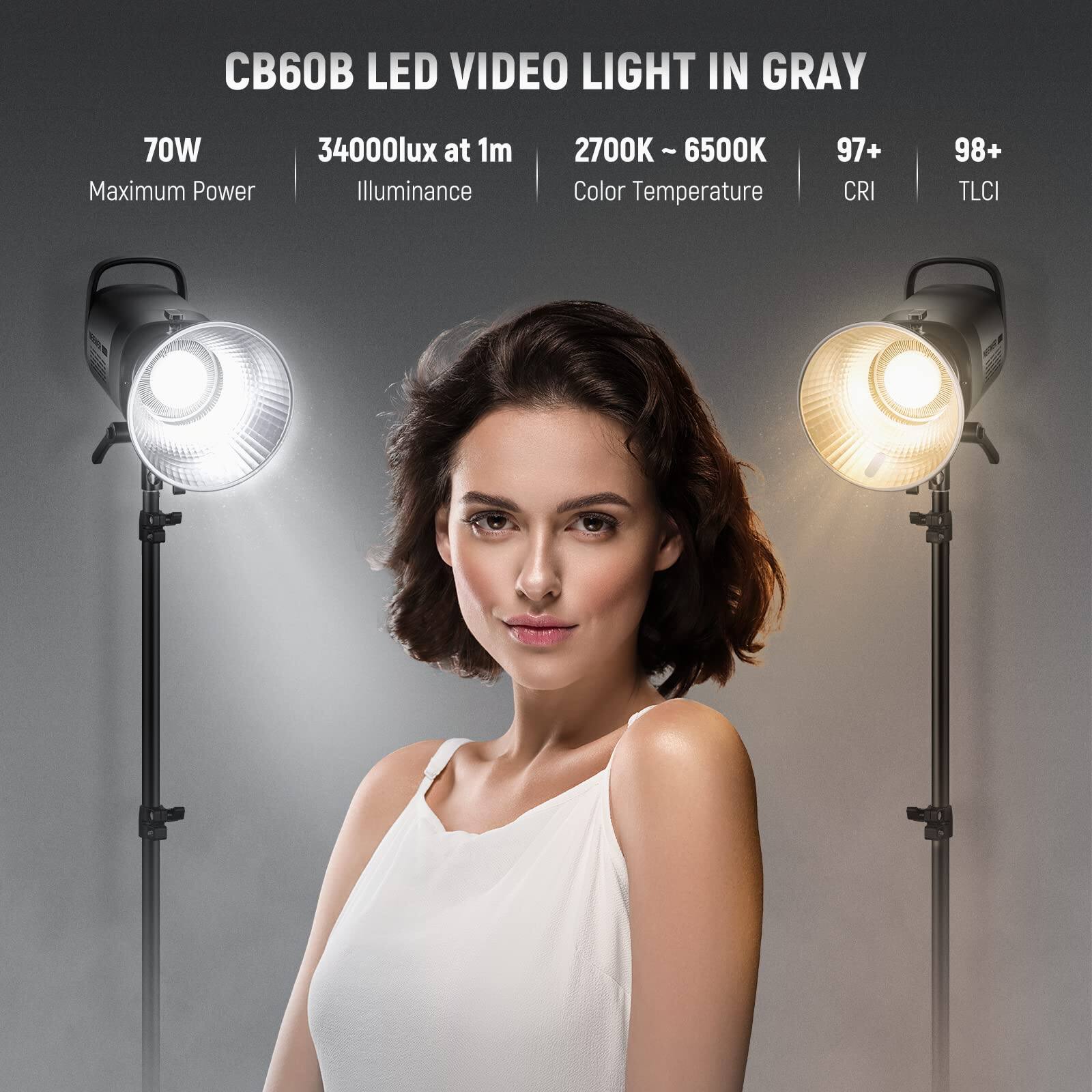 CB60B LED VIDEO LIGHT IN GRAY

70W Maximum Power  
34000lux at 1m Illuminance  
2700K ~ 6500K Color Temperature  
97+ CRI  
98+ TLCI