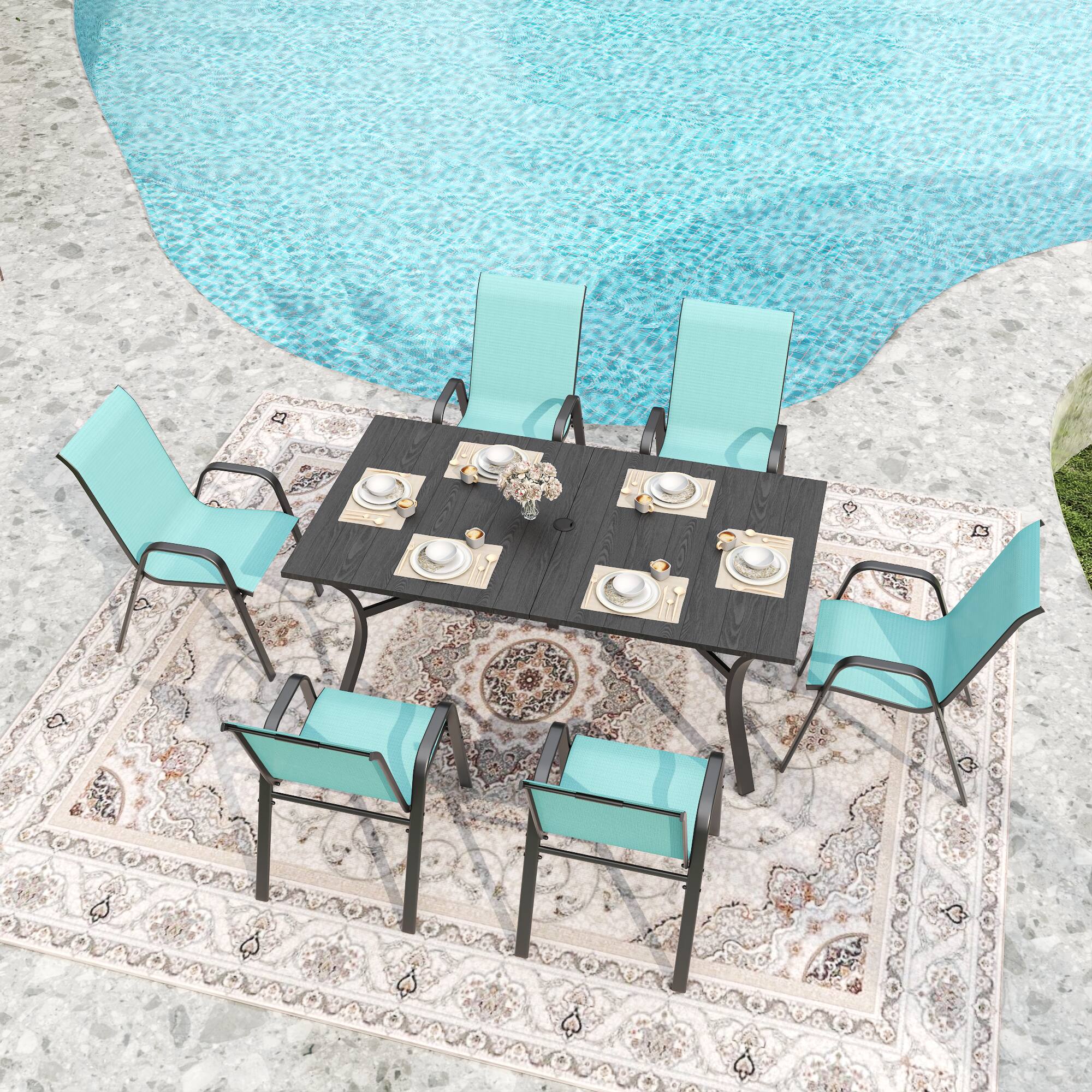 Back. Mondawe - 6-Piece Outdoor Dining Chairs Set, Teslin Fabric and Metal Frame - Black+Sky Blue.