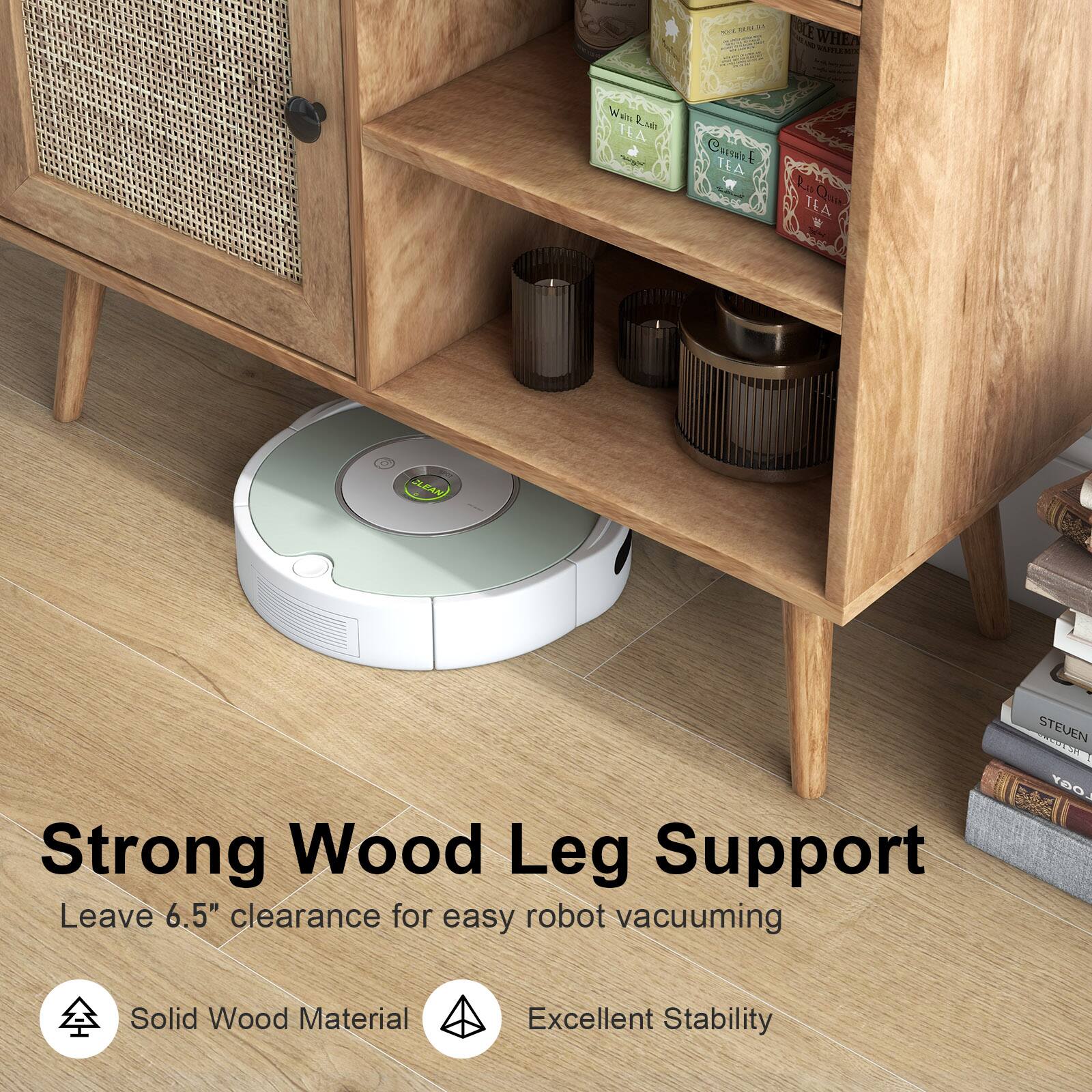 Strong Wood Leg Support, Leave 6.5" clearance for easy robot vacuuming, Solid Wood Material, Excellent Stability