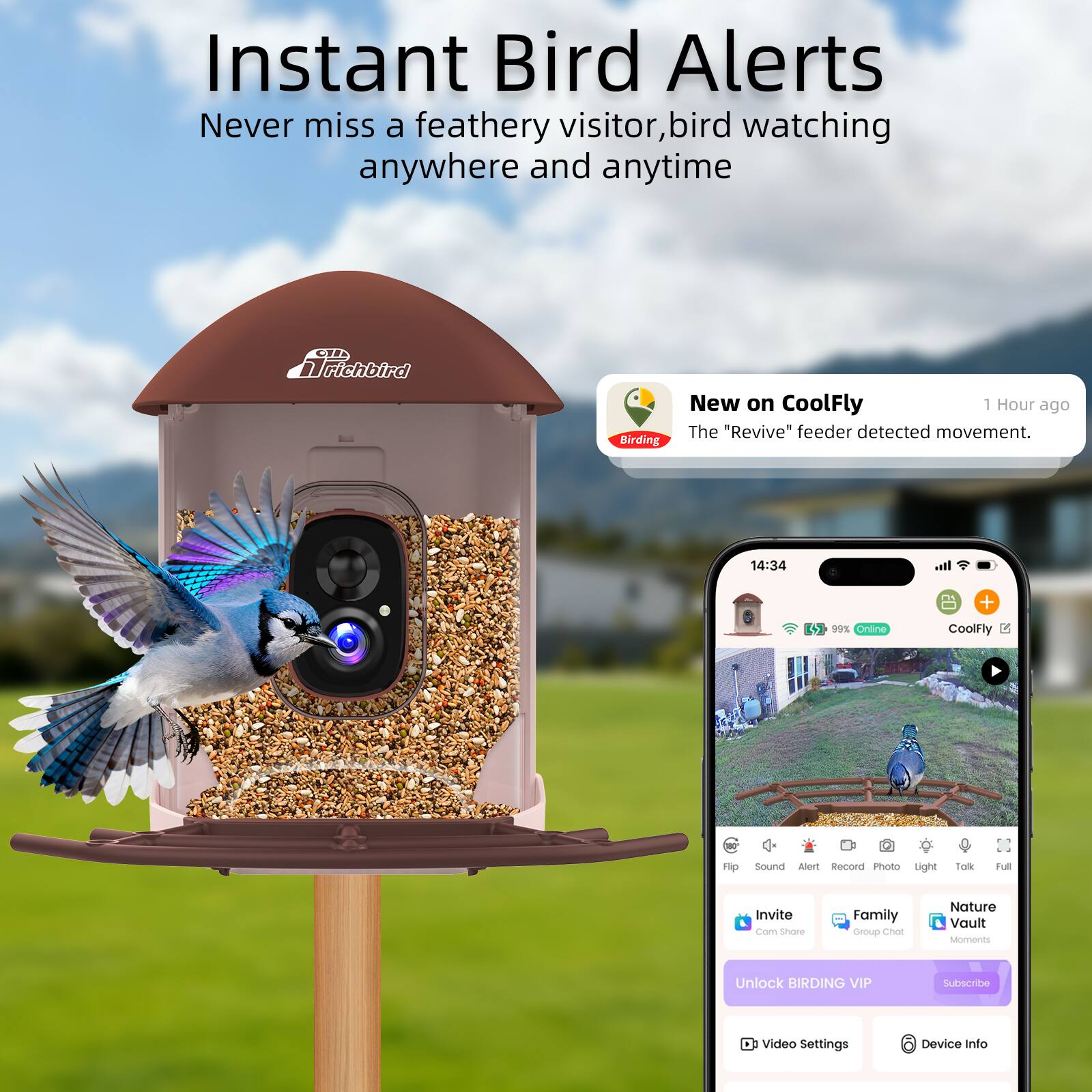 Instant Bird Alerts  
Never miss a feathery visitor, bird watching anywhere and anytime  

New on CoolFly  
The "Revive" feeder detected movement.  
1 Hour ago  

14:34  
lte. + WHE Online  

CoolFly  
Hp Sound Alert  
Second Photo  
Light  
Full Invite  
Coar Sevsre  
Family  
OYouD  
Char  
Nature Vault  
Moments  
Unlock BIRDING VIP  
Subscribe  
Video Settings  
Device Info