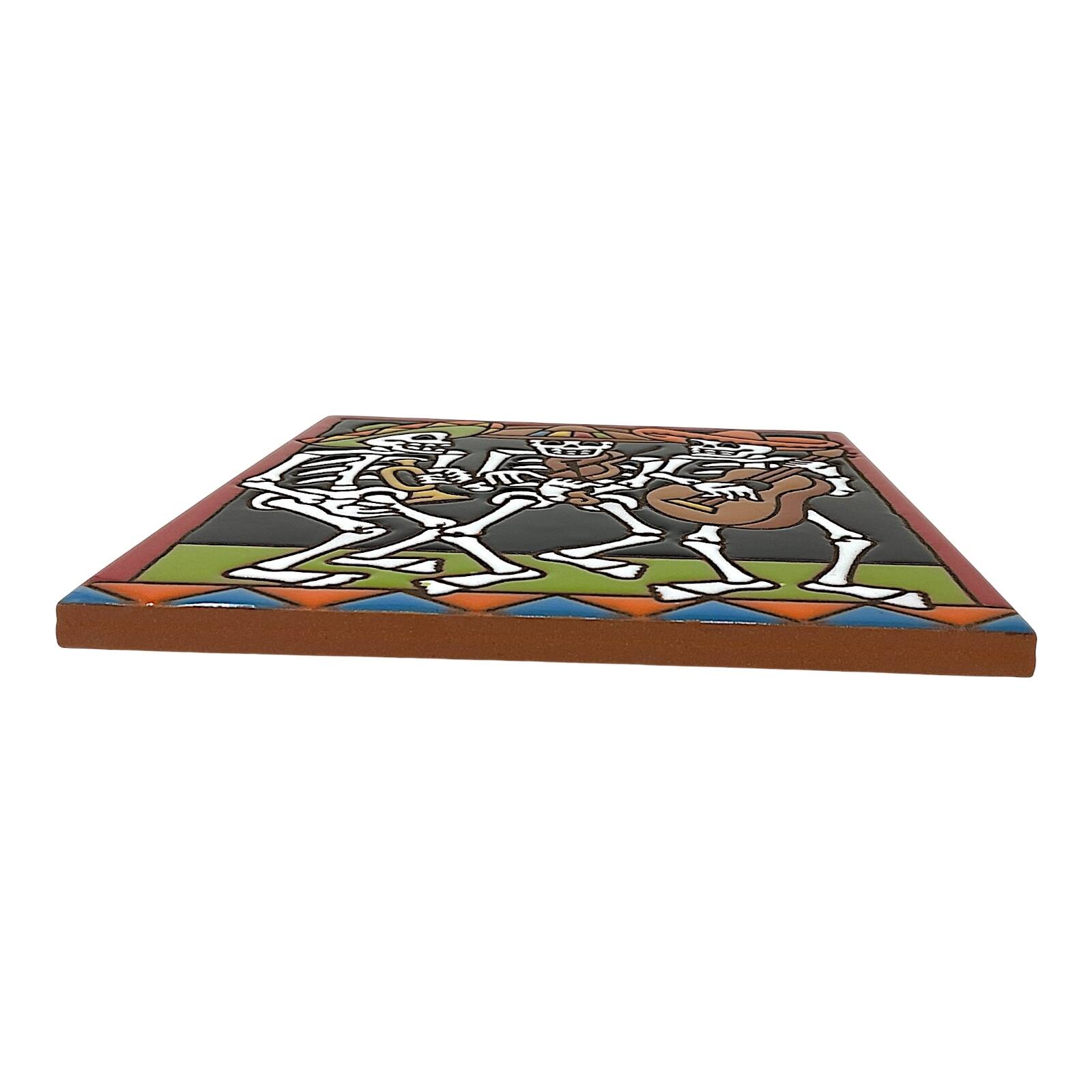 Back. Earthtones Tile - Earthtones Day of the Dead Skeleton Mariachi Band 6X6 Hand Glazed Southwest Decorative Tile or Trivet - Multicolor.