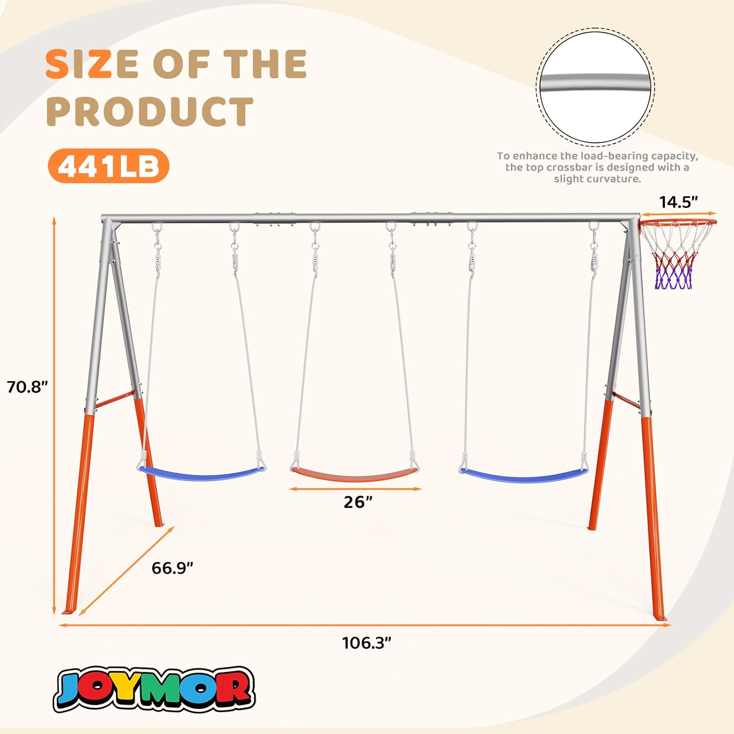 SIZE OF THE PRODUCT  
441LB  

To enhance the load-bearing capacity, the top crossbar is designed with a slight curvature.  

14.5"  
70.8"  
26"  
66.9"  
106.3"  

JOYMOR