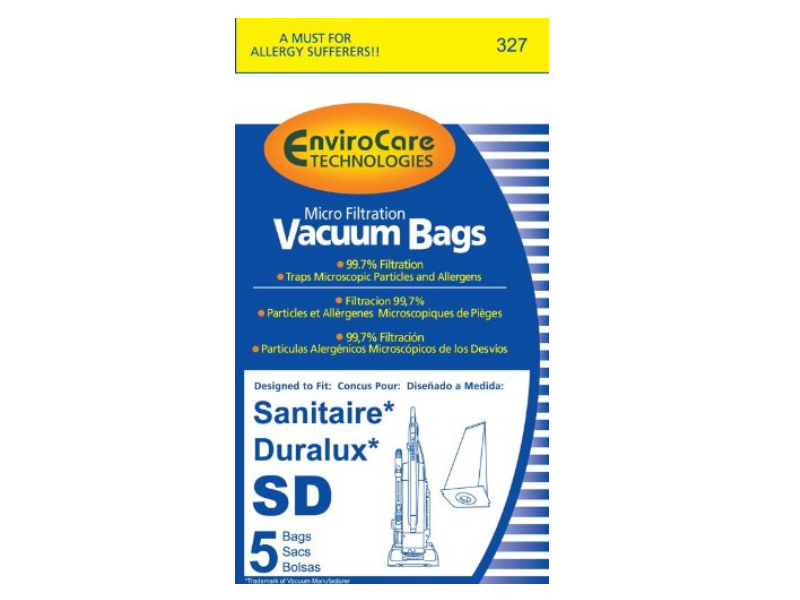 A MUST FOR ALLERGY SUFFERERS!!  
327 EnviroCare TECHNOLOGIES Micro Filtration Vacuum Bags  
99.7% Filtration Traps Microscopic Particles and Allergens  
Filtración 99.7% Particulas et Allergenes Microscopiques de Piges  
99,7% Filtración Particulas Alergénicos Microscópicos de los Desvios  
Designed to Fit: Conçu Pour: Diseñado a Medida:  
Sanitaire* Duralux* SD Bags 5 Sacs Bolsas