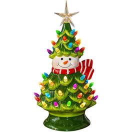 RTMB - Mini Ceramic Christmas Tree, 11" Pre-Lit Battery Operated Tabletop Tree with Snowman Ornaments and 50 Light - Multicolored