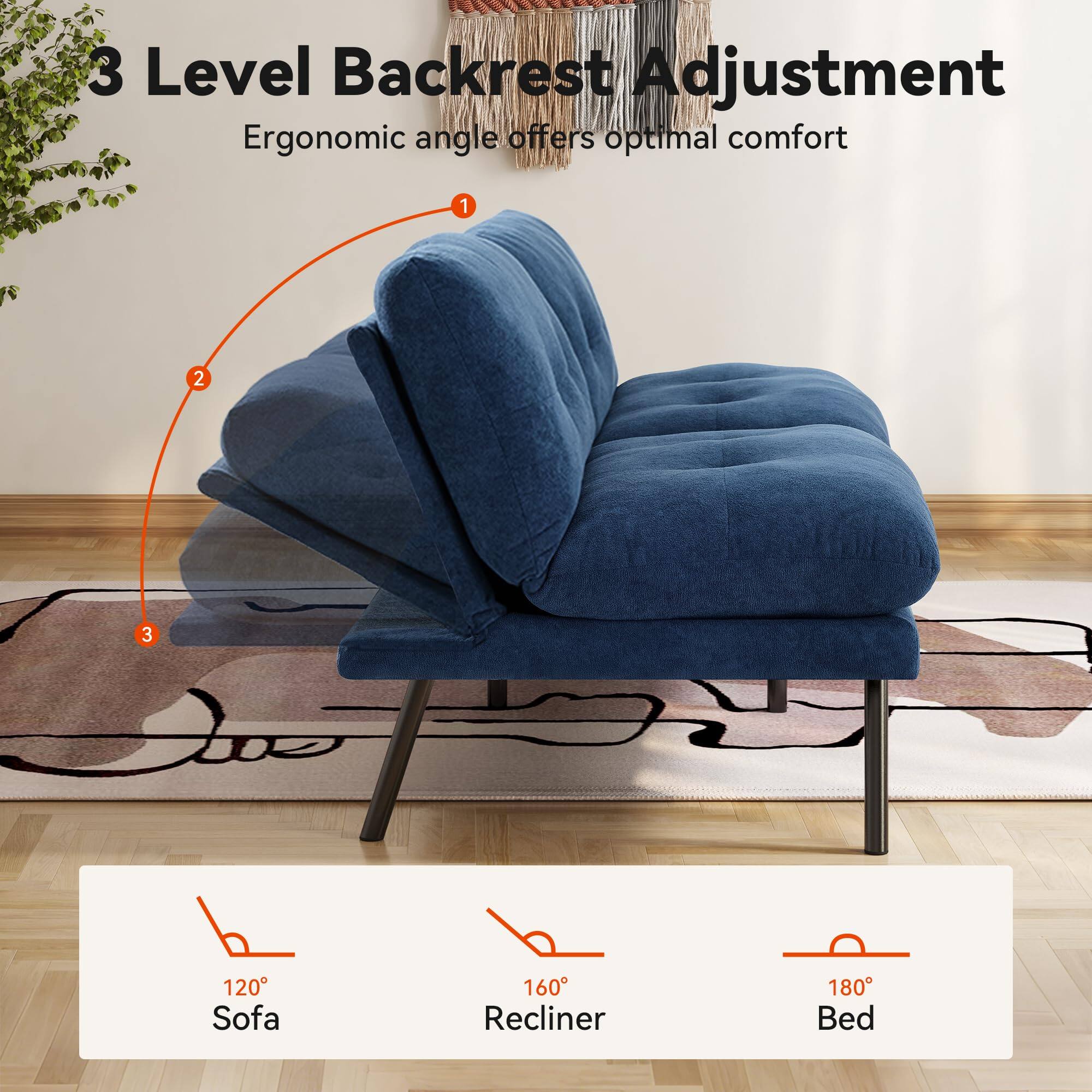 3 Level Backrest Adjustment  
Ergonomic angle offers optimal comfort  

1. 120° Sofa  
2. 160° Recliner  
3. 180° Bed