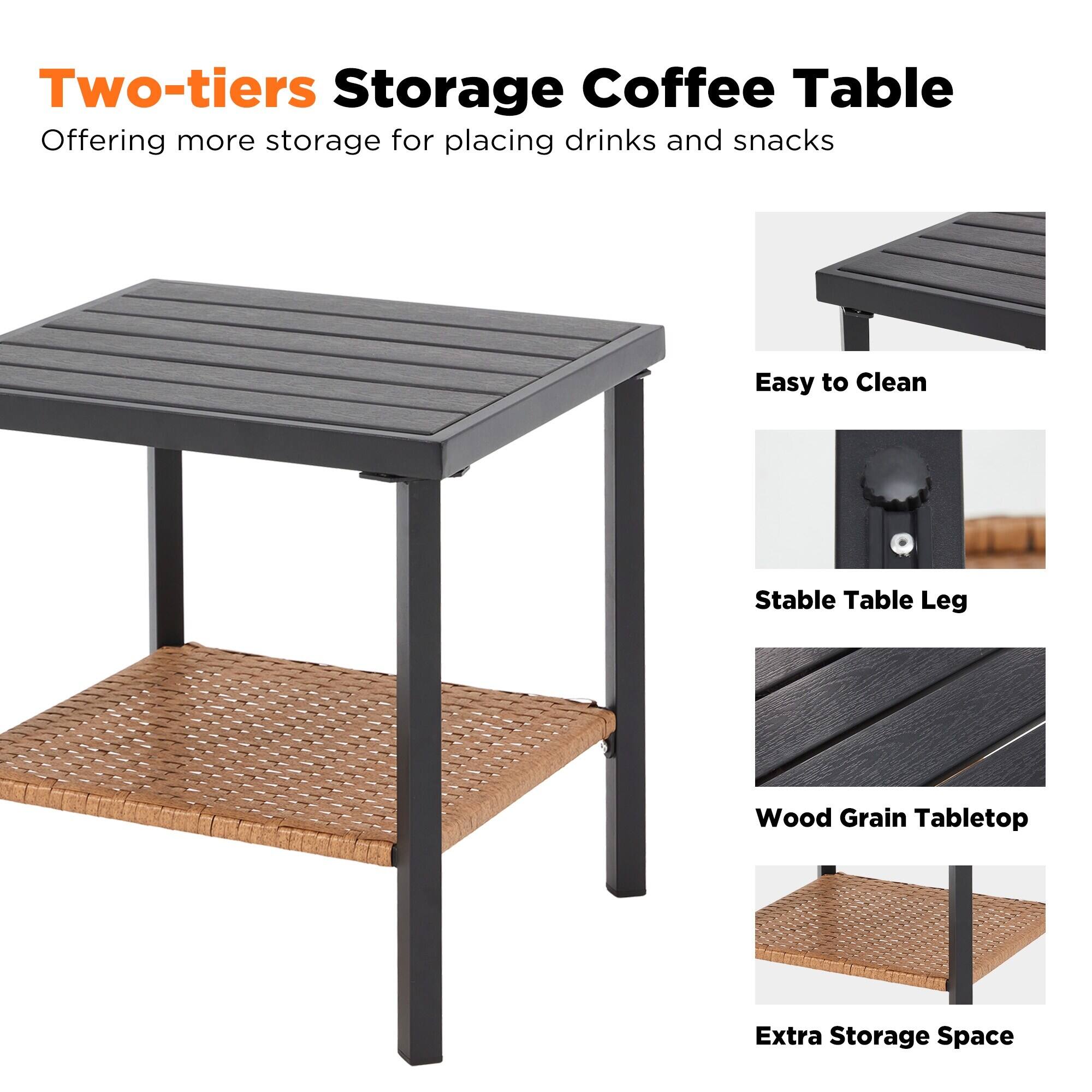 Two-tiers Storage Coffee Table  
Offering more storage for placing drinks and snacks  

- Easy to Clean  
- Stable Table Leg  
- Wood Grain Tabletop  
- Extra Storage Space