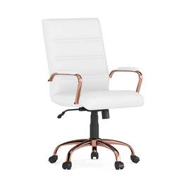 Emma + Oliver - Mid-Back Executive Swivel Office Chair with Metal Frame and Arms - White LeatherSoft/Rose Gold Frame