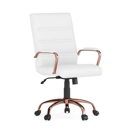 Front. Emma + Oliver - Mid-Back Executive Swivel Office Chair with Metal Frame and Arms - White LeatherSoft/Rose Gold Frame.