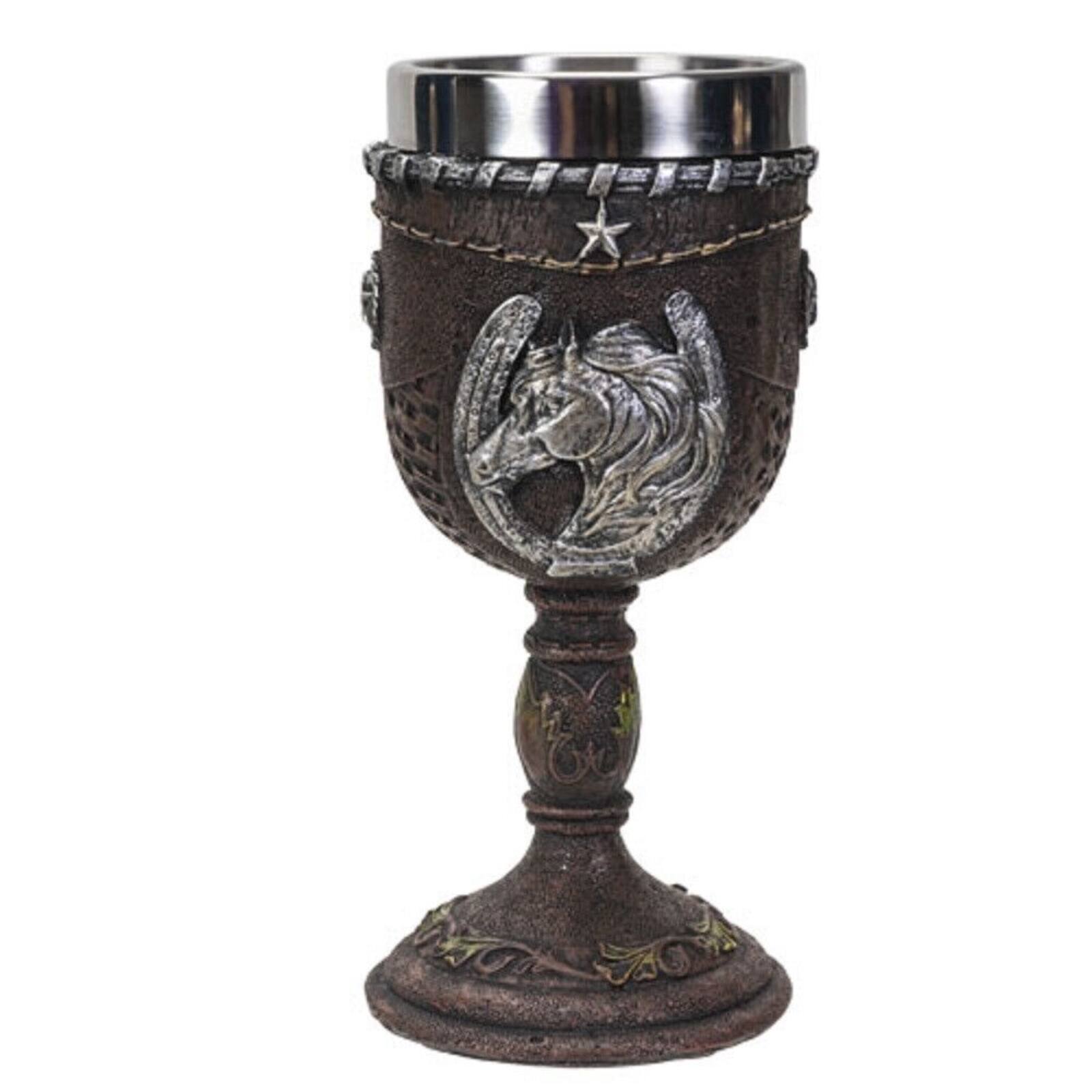 Front. Pacific Trading - Western Horseshoe Wine Goblet Chalice Cup Resin Body Stainless Steel Cup 7 ounce - Multicolor.