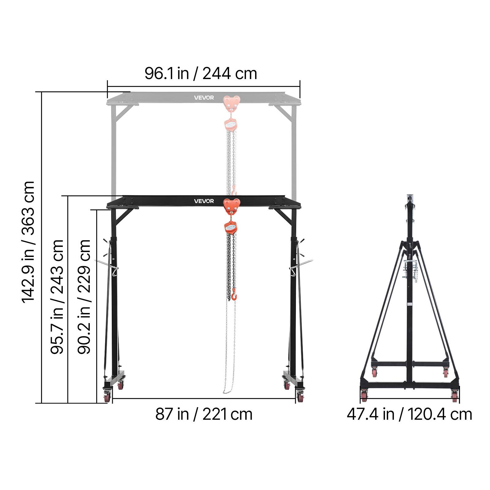96.1 in / 244 cm  
VEVOR  
363 cm / 142.9 in / 229 cm  
95.7 in / 95.7 cm  
87 in / 221 cm  
47.4 in / 120.4 cm