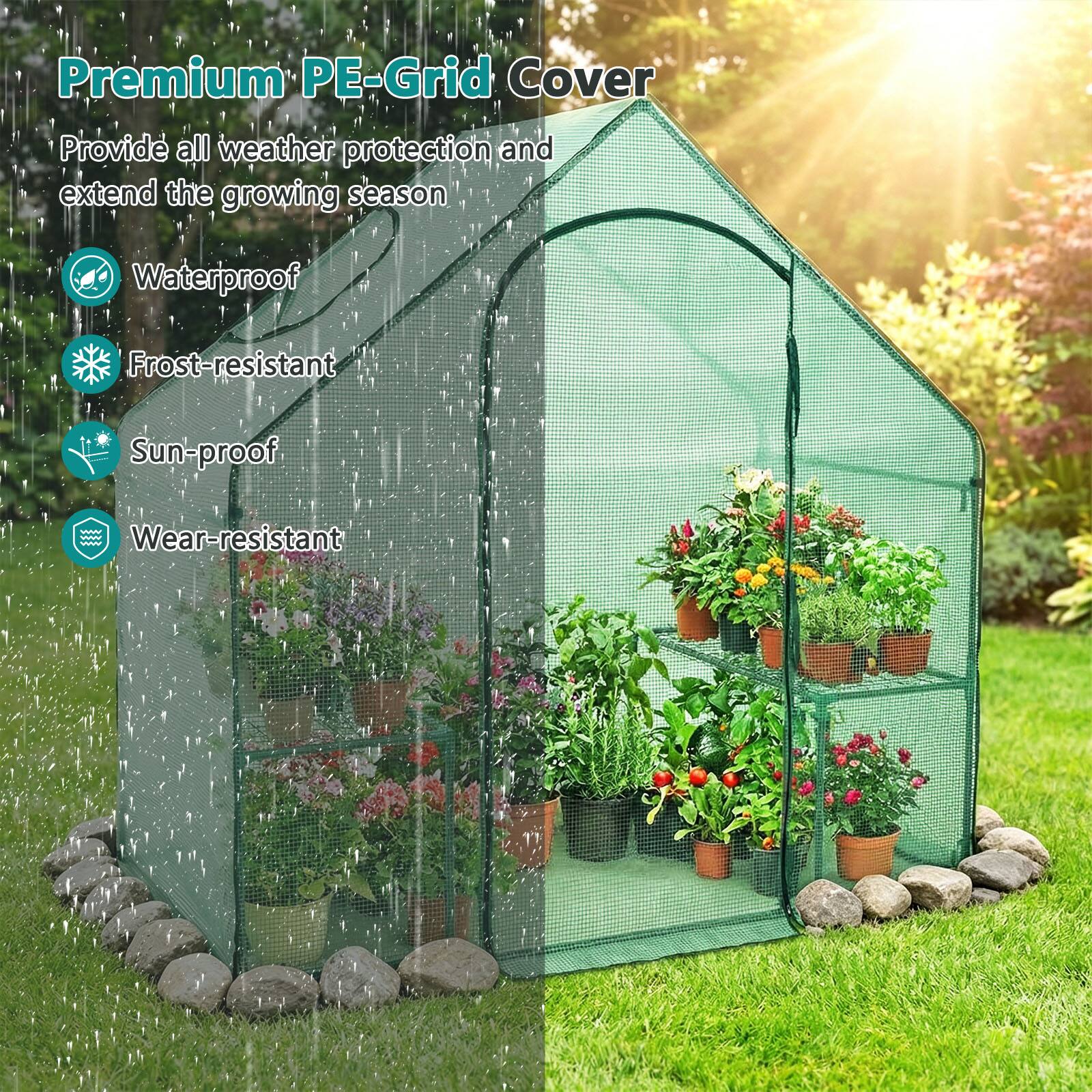 Premium PE-Grid Cover  
Provide all weather protection and extend the growing season  
Waterproof  
Frost-resistant  
Sun-proof  
Wear-resistant