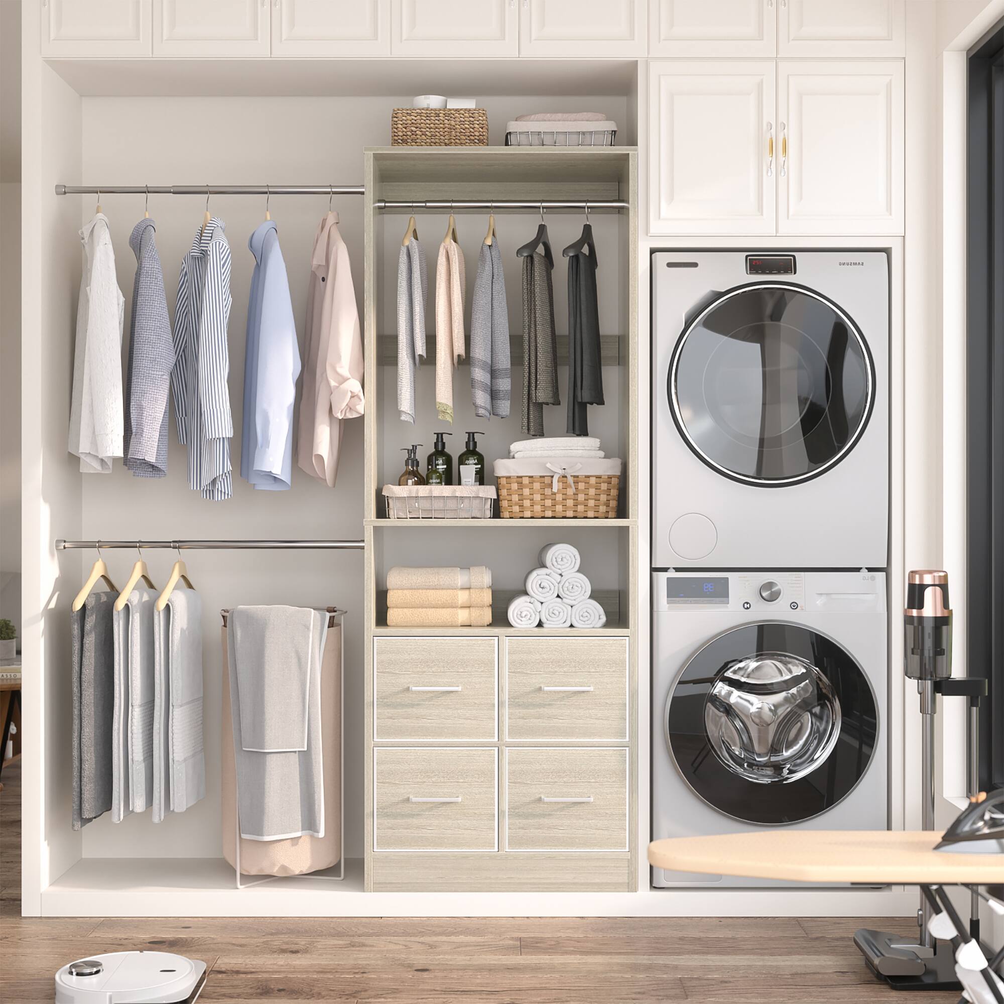 Back. Aheaplus - 25'' - 104'' Adjustable Closet Organizer System, Walk-in Hanging Closet with 4 Fabric Drawers and 3 Hanging Rods - Beige Oak.