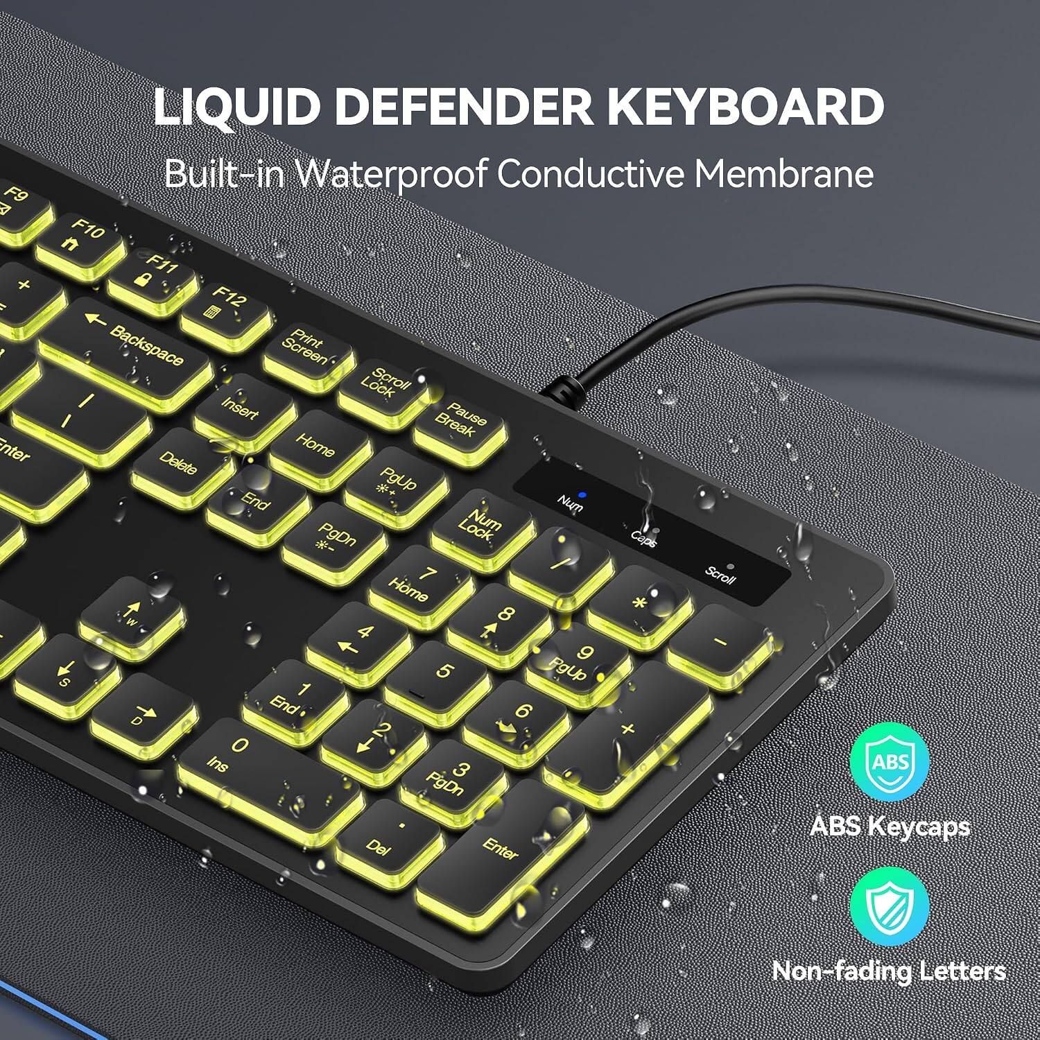 LIQUID DEFENDER KEYBOARD  
Built-in Waterproof Conductive Membrane  

F9 A +  
F10 F11 F12 Backspace Screen Print Lock Scroll - Insert Pause Home Break Delete PgUp End Num PgDn Lock Num Caps 7 Scroll Home W 8 4 - 9 S 1 5 PgUp End 6 D 2 + 0 Ins 3 ABS PgDn ABS Keycaps Del Enter  

Non-fading Letters