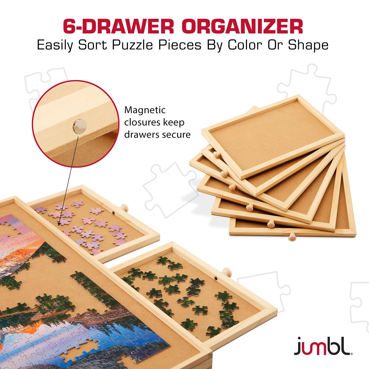6-Drawer Organizer  
Easily Sort Puzzle Pieces By Color Or Shape  
Magnetic closures keep drawers secure  
jumbl.