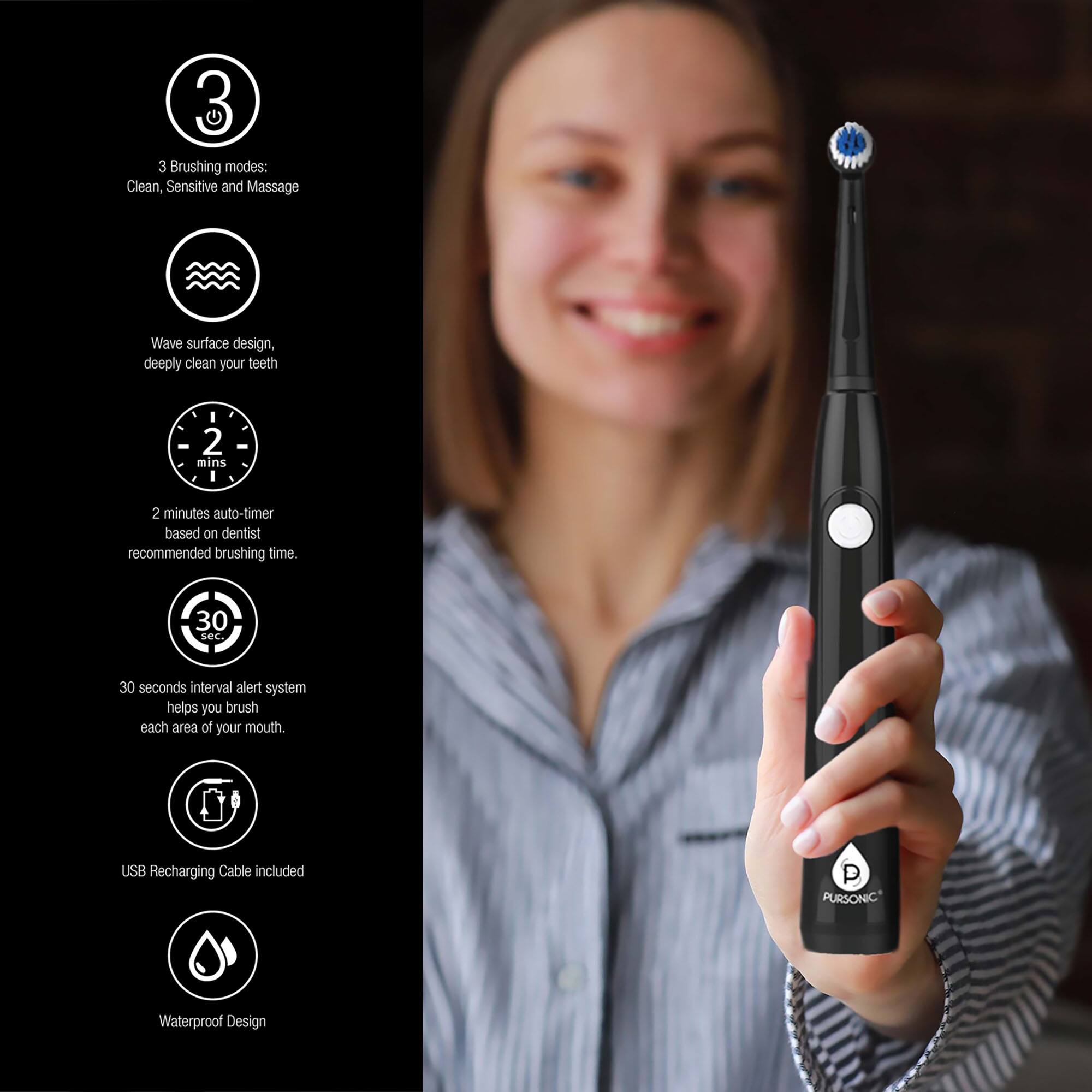 3 Brushing modes: Clean, Sensitive and Massage  
Wave surface design, deeply clean your teeth  
2 minutes auto-timer based on dentist recommended brushing time.  
30 seconds interval alert system helps you brush each area of your mouth.  
USB Recharging Cable included  
Waterproof Design