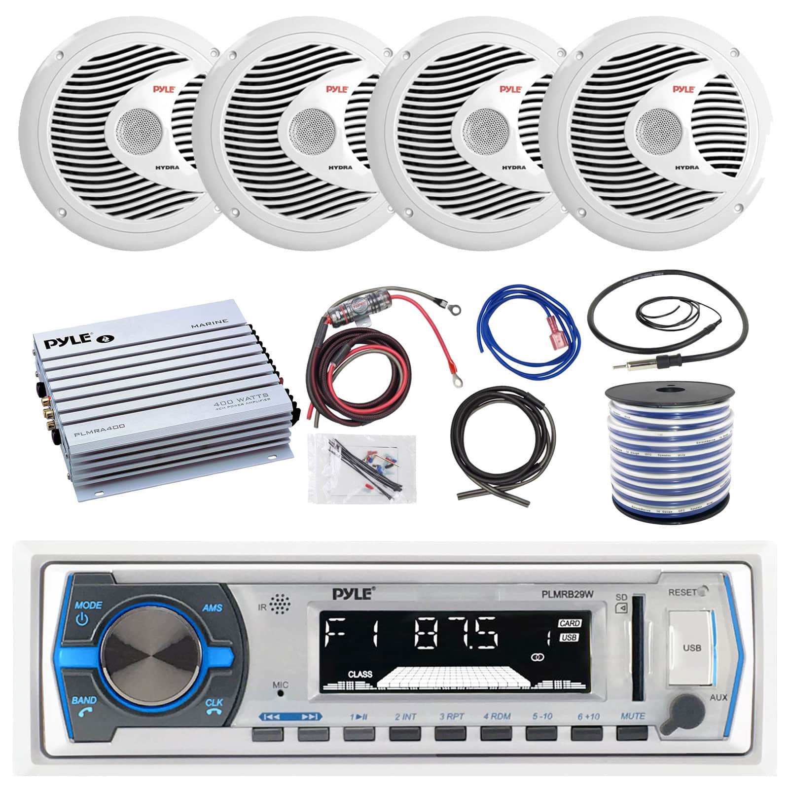 Pyle - PLMRB29W Bluetooth Marine Stereo Receiver, 4x 6.5'' 150W Waterproof Speaker (White), Amplifier w/Kit, Wire, Antenna