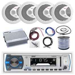 Pyle - PLMRB29W Bluetooth Marine Stereo Receiver, 4x 6.5'' 150W Waterproof Speaker (White), Amplifier w/Kit, Wire, Antenna