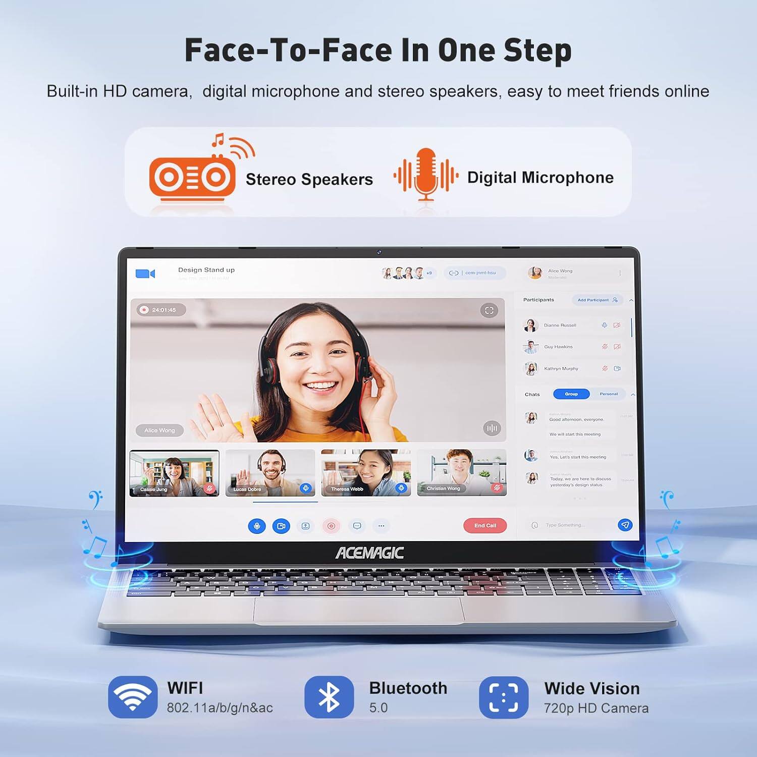 Face-To-Face In One Step

Built-in HD camera, digital microphone and stereo speakers, easy to meet friends online

Stereo Speakers
Digital Microphone

WIFI
802.11a/b/g/n/ac

Bluetooth
5.0

Wide Vision
720p HD Camera