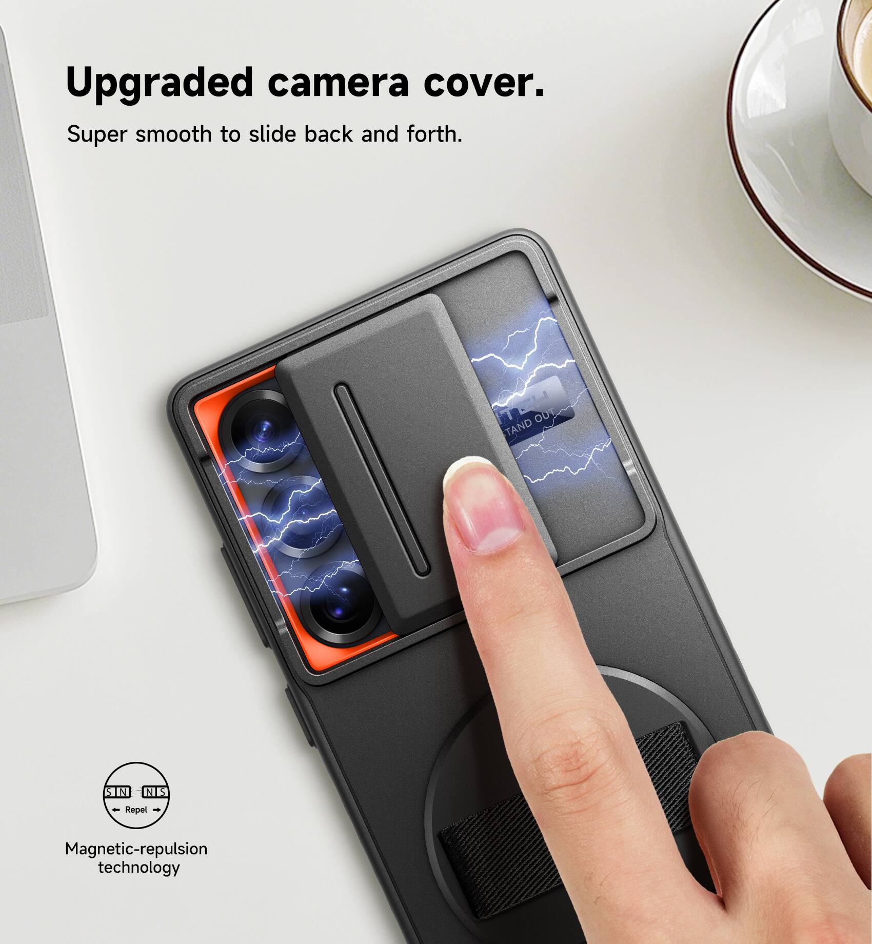 Upgraded camera cover.  
Super smooth to slide back and forth.  

T OUT TAND SIN N - Repel - Magnetic-repulsion technology
