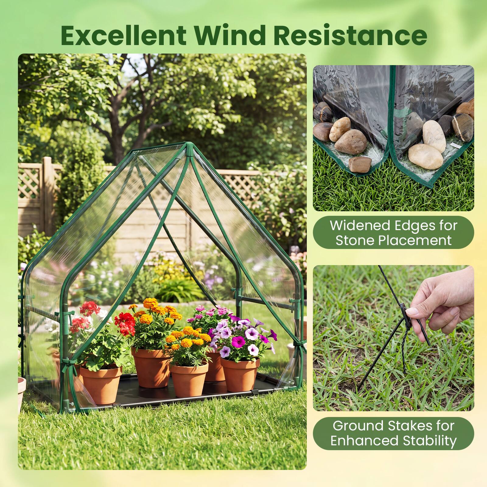 Excellent Wind Resistance

- Widened Edges for Stone Placement
- Ground Stakes for Enhanced Stability