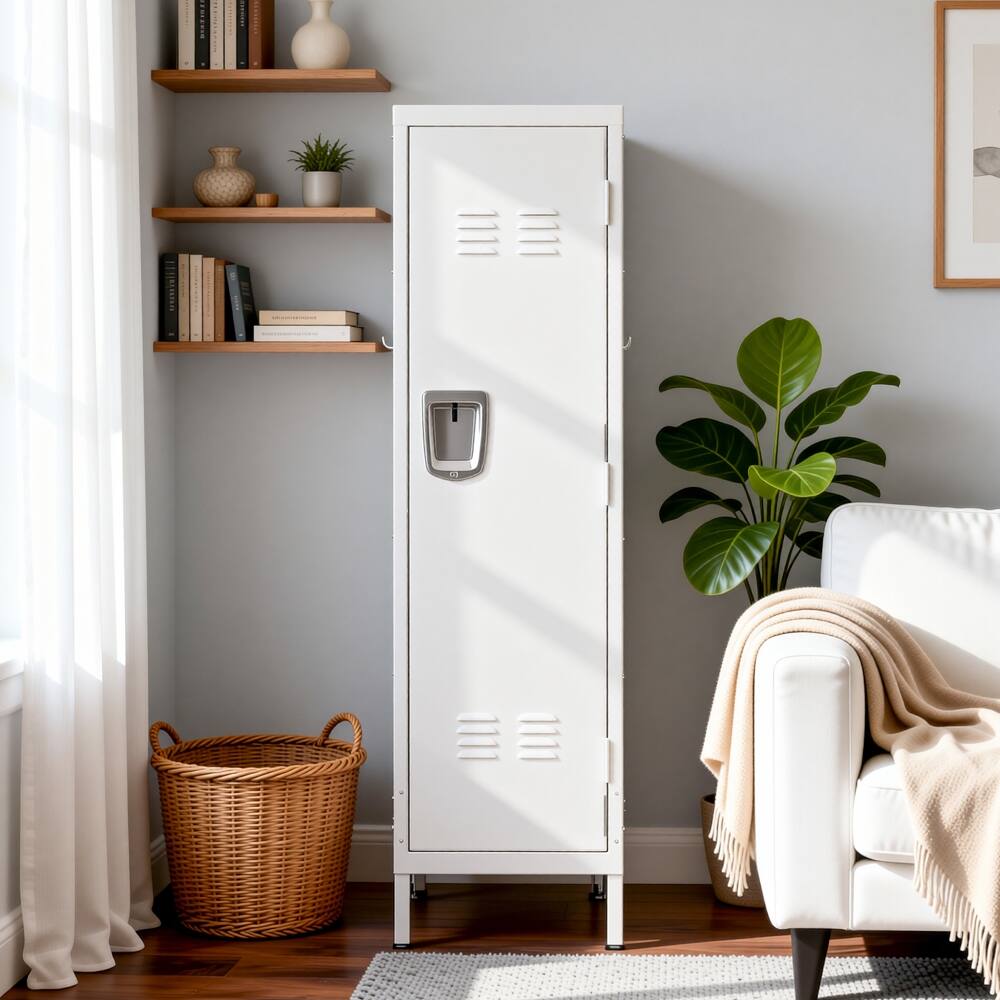 Alt View 6. Loheer - Loheer Tall Metal Wardrobe Cabinet Slim Steel Clothing Locker with Ventilated Door Lock and Side Hooks for Home Office - Matte White.