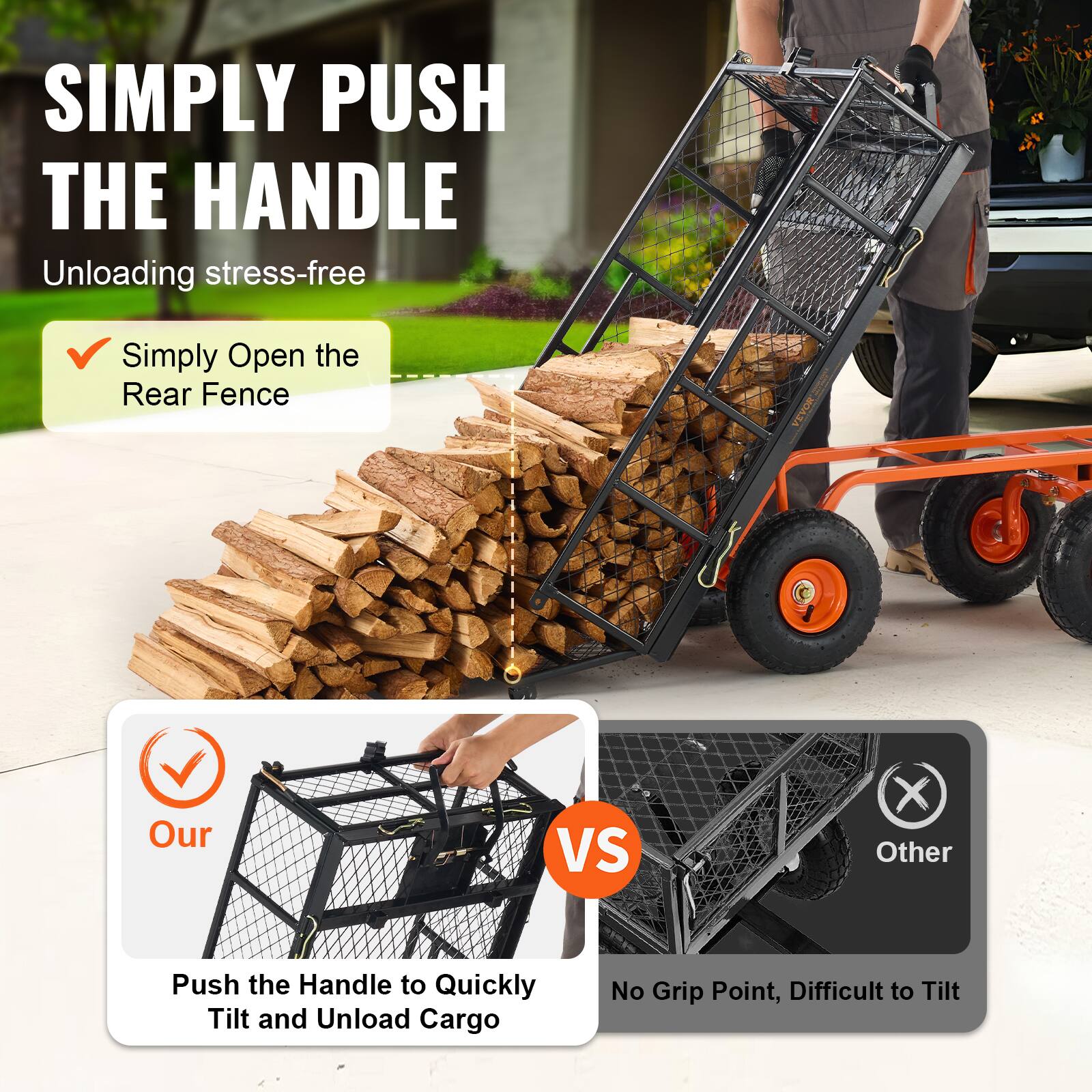 SIMPLY PUSH THE HANDLE Unloading stress-free Simply Open the Rear Fence

Our VS Other

Push the Handle to Quickly Tilt and Unload Cargo

No Grip Point, Difficult to Tilt