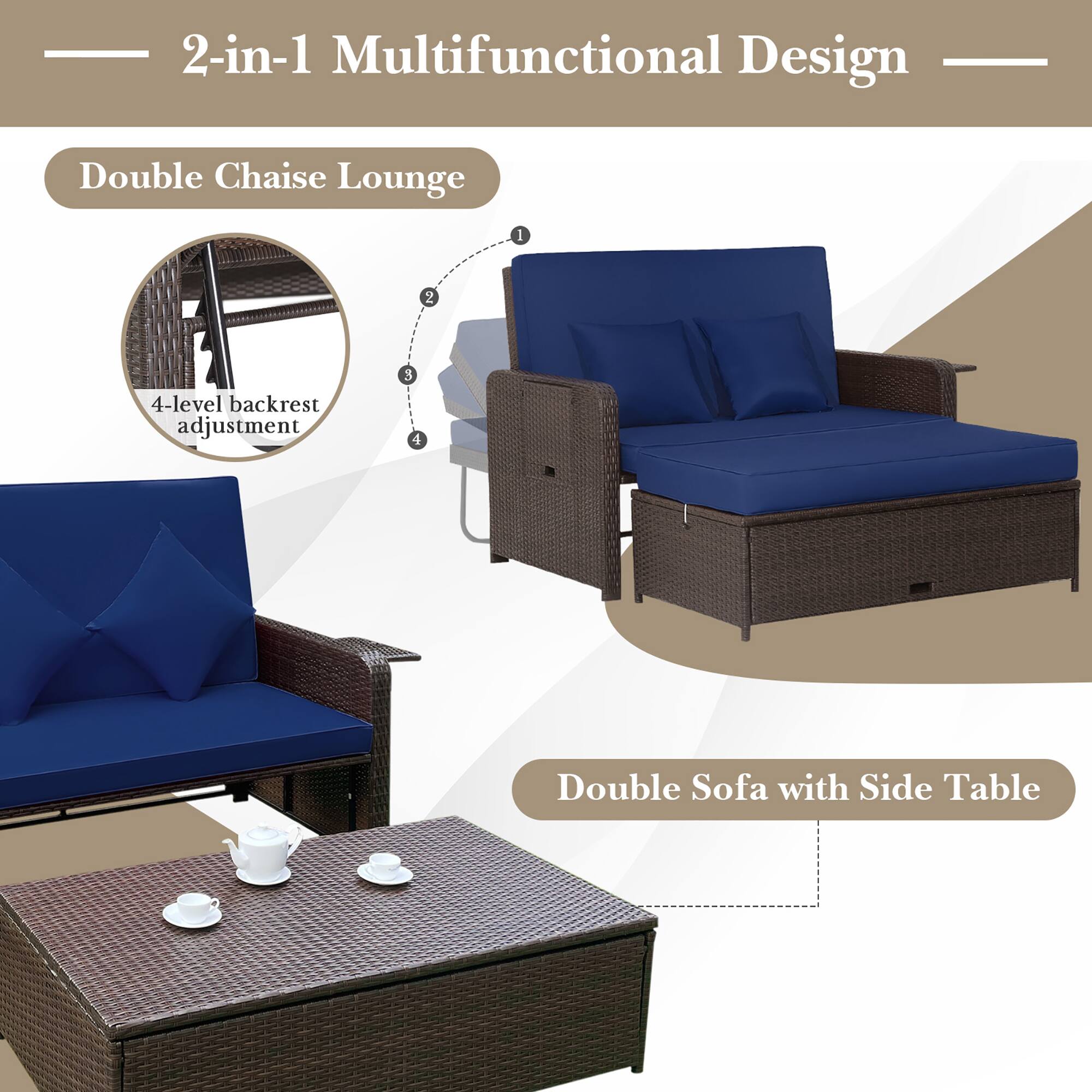 The image features a 2-in-1 multifunctional design double chaise lounge with a 4-level backrest adjustment. It also includes a double sofa with a side table. The design is suitable for outdoor use and offers a comfortable and versatile seating option.