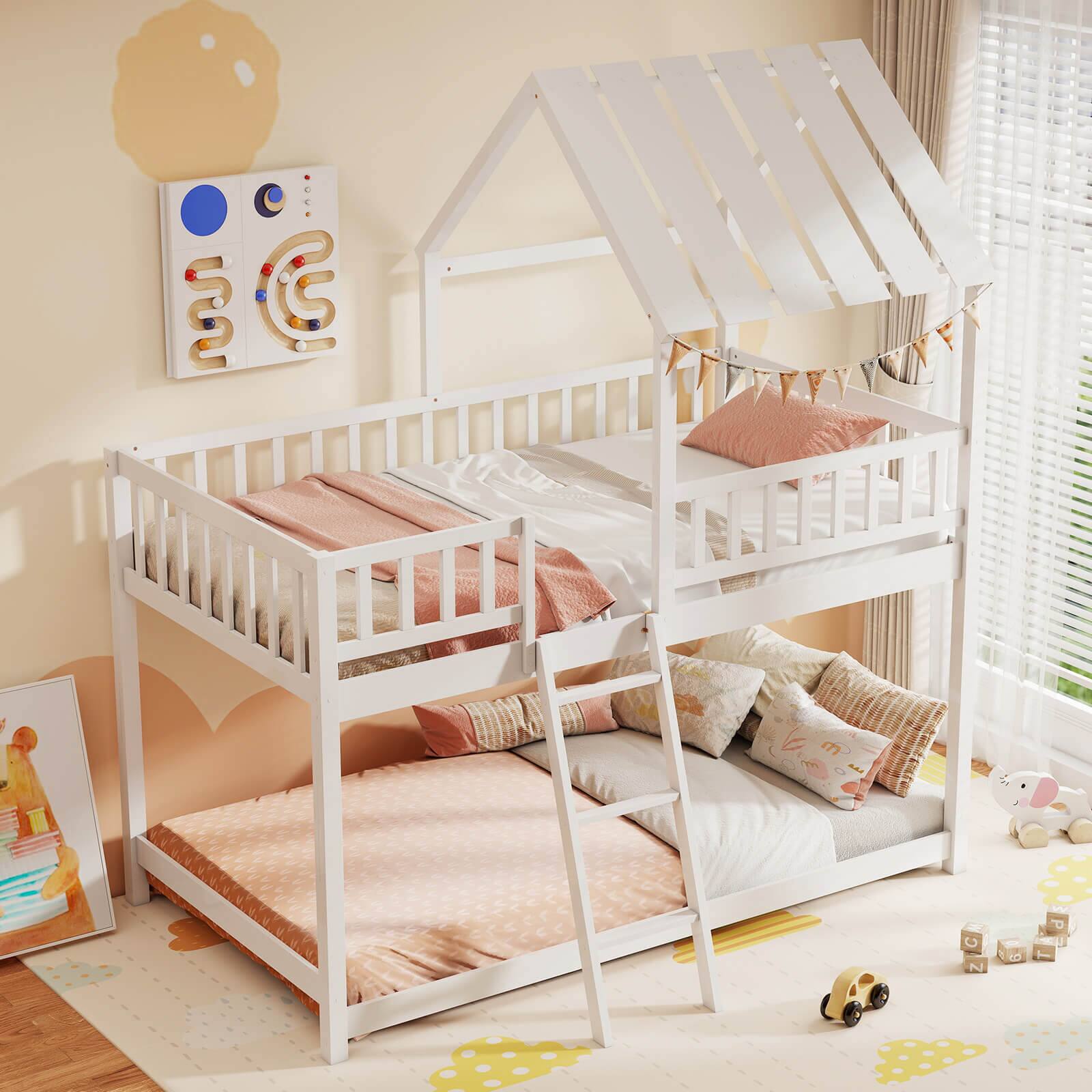 Alt View 5. Costway - Costway Twin Over Twin House Bunk Bed with Roof, Ladder & Full-length Guardrails for Kids - White.