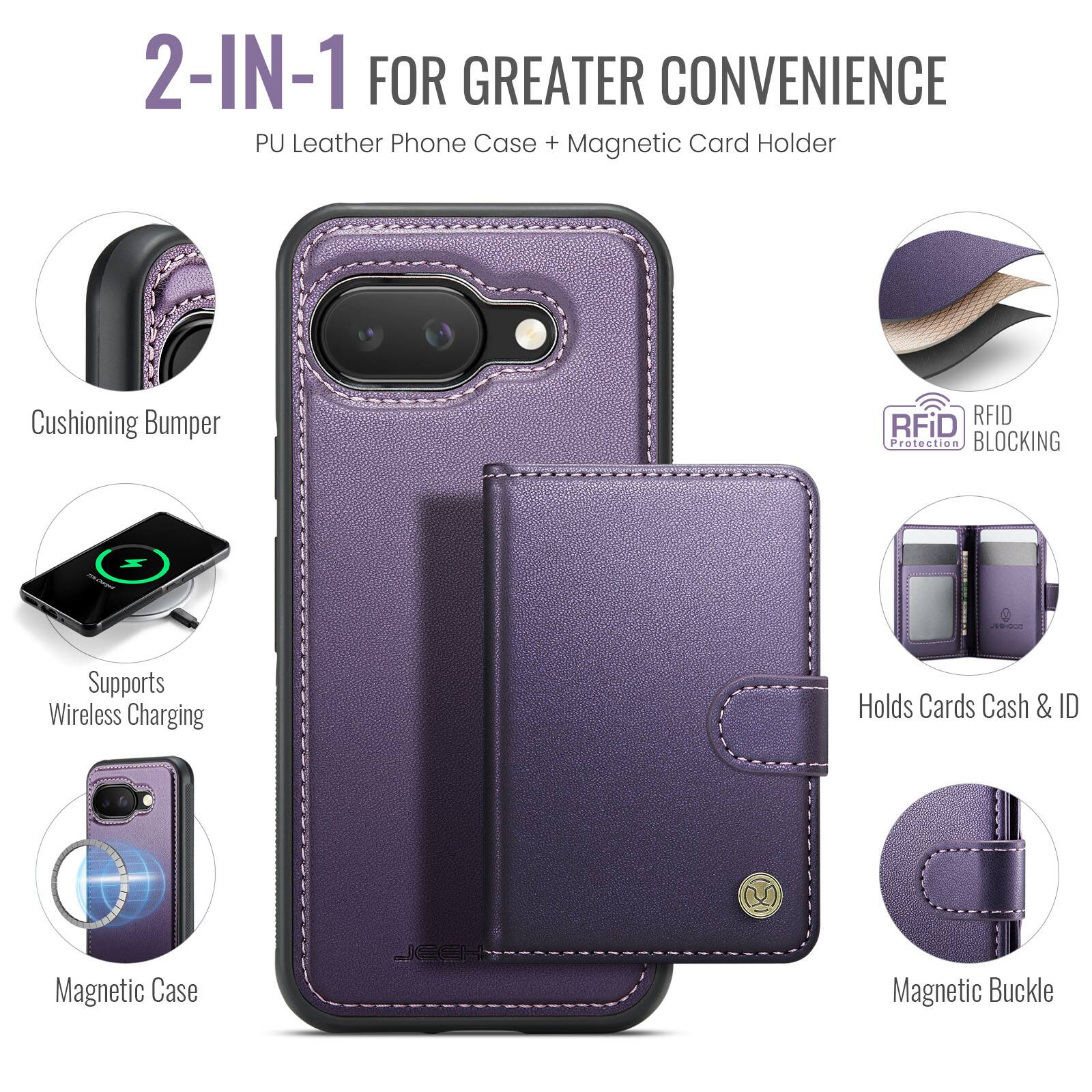 2-IN-1 FOR GREATER CONVENIENCE  
PU Leather Phone Case + Magnetic Card Holder  
Cushioning Bumper  
RFID BLOCKING  
Supports Wireless Charging  
Holds Cards Cash & ID  
Magnetic Case  
Magnetic Buckle