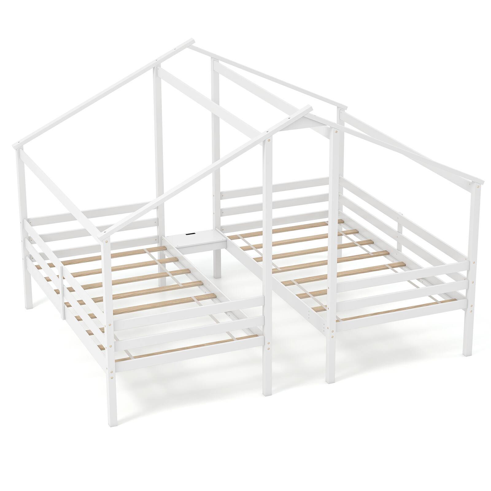 Front. Sugift - Double Twin Size Wooden Bed Frames with Built-in Table for Kids - White.