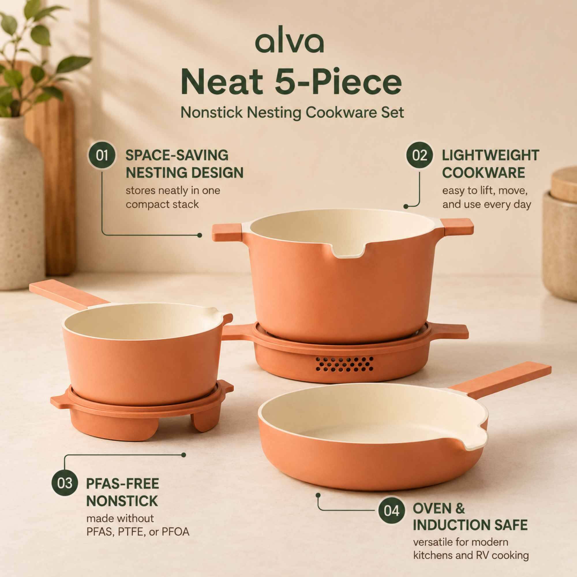 alva Neat 5-Piece Nonstick Nesting Cookware Set

01 SPACE-SAVING NESTING DESIGN stores neatly in one compact stack
02 LIGHTWEIGHT COOKWARE easy to lift, move, and use every day
03 PFAS-FREE NONSTICK made without PFAS, PTFE, or PFOA
04 OVEN & INDUCTION SAFE versatile for modern kitchens and RV cooking
