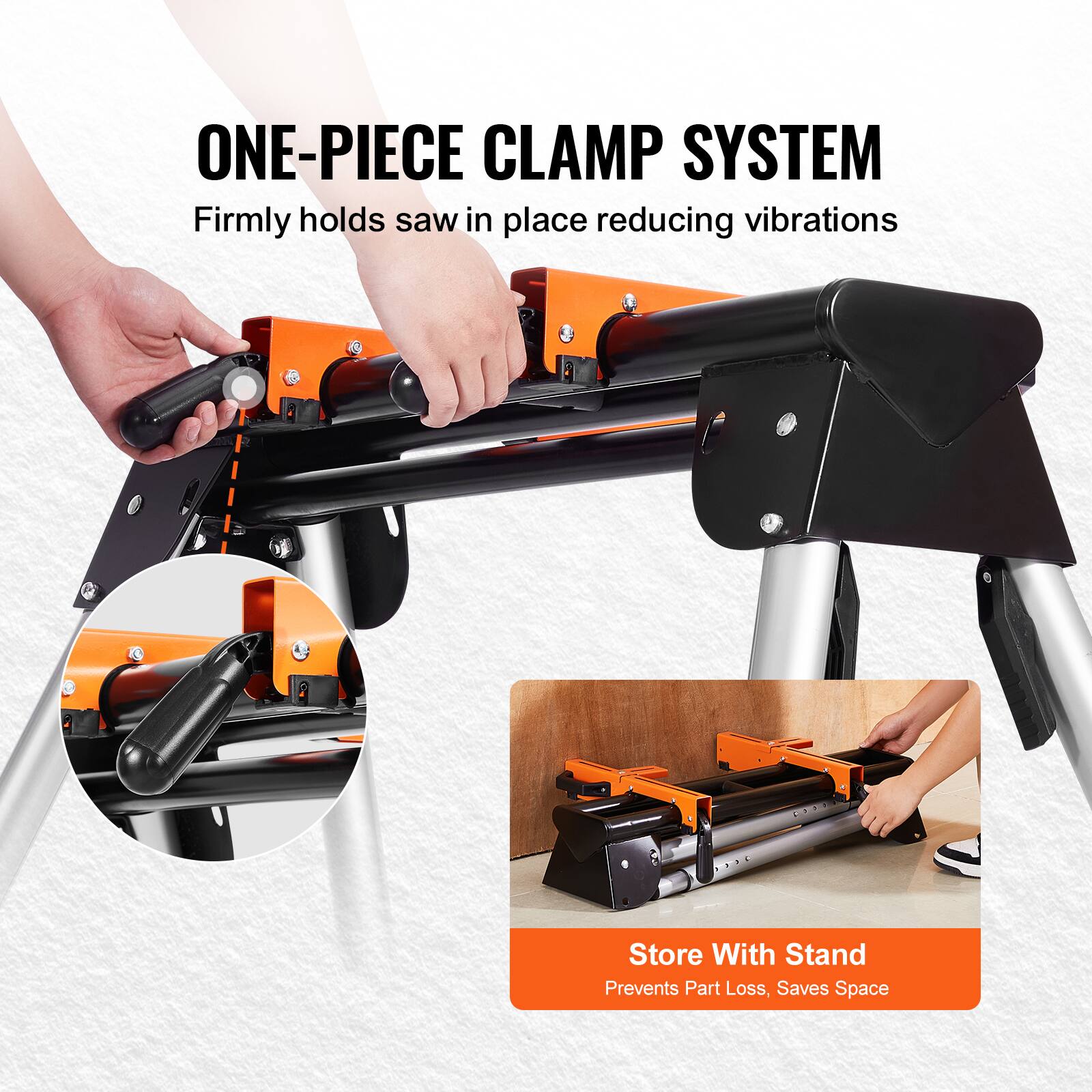 ONE-PIECE CLAMP SYSTEM  
Firmly holds saw in place reducing vibrations  

Store With Stand  
Prevents Part Loss, Saves Space
