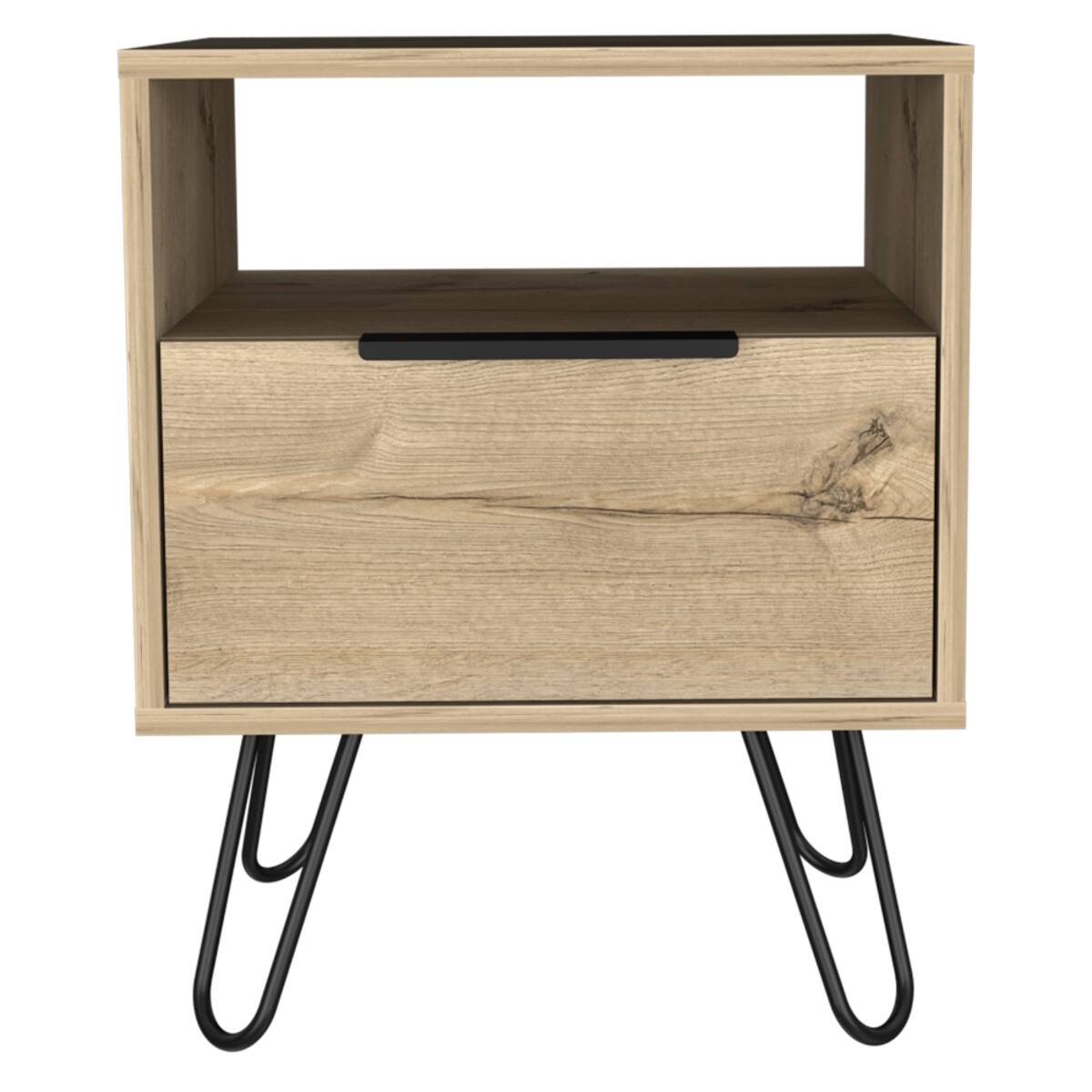Left. Loheer - Loheer Light Oak Nightstand with Open Shelf, Single-Door Cabinet and Hairpin Legs - Beige.