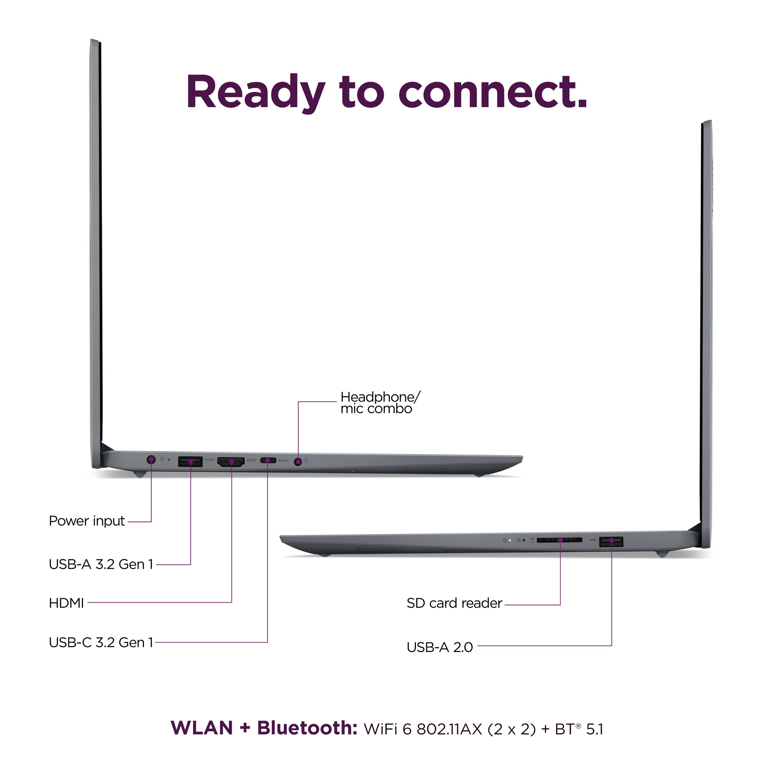 Ready to connect. Headphone/mic combo. Power input. USB-A 3.2 Gen 1. HDMI. SD card reader. USB-C 3.2 Gen 1. USB-A 2.0. WLAN + Bluetooth: WiFi 6 802.11AX (2x2) + BT* 5.1.