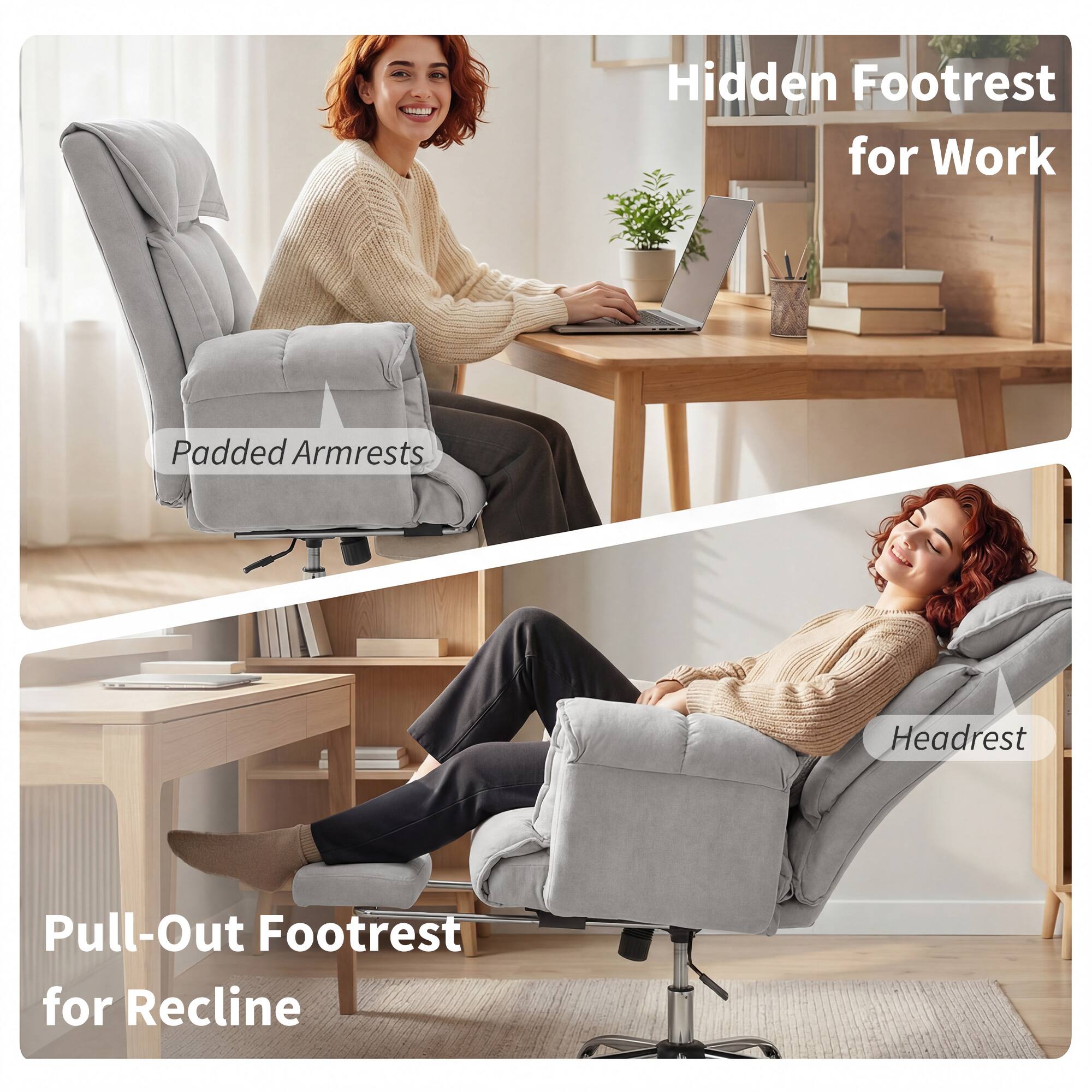 Hidden Footrest for Work  
Padded Armrests  
Pull-Out Footrest for Recline  
Headrest
