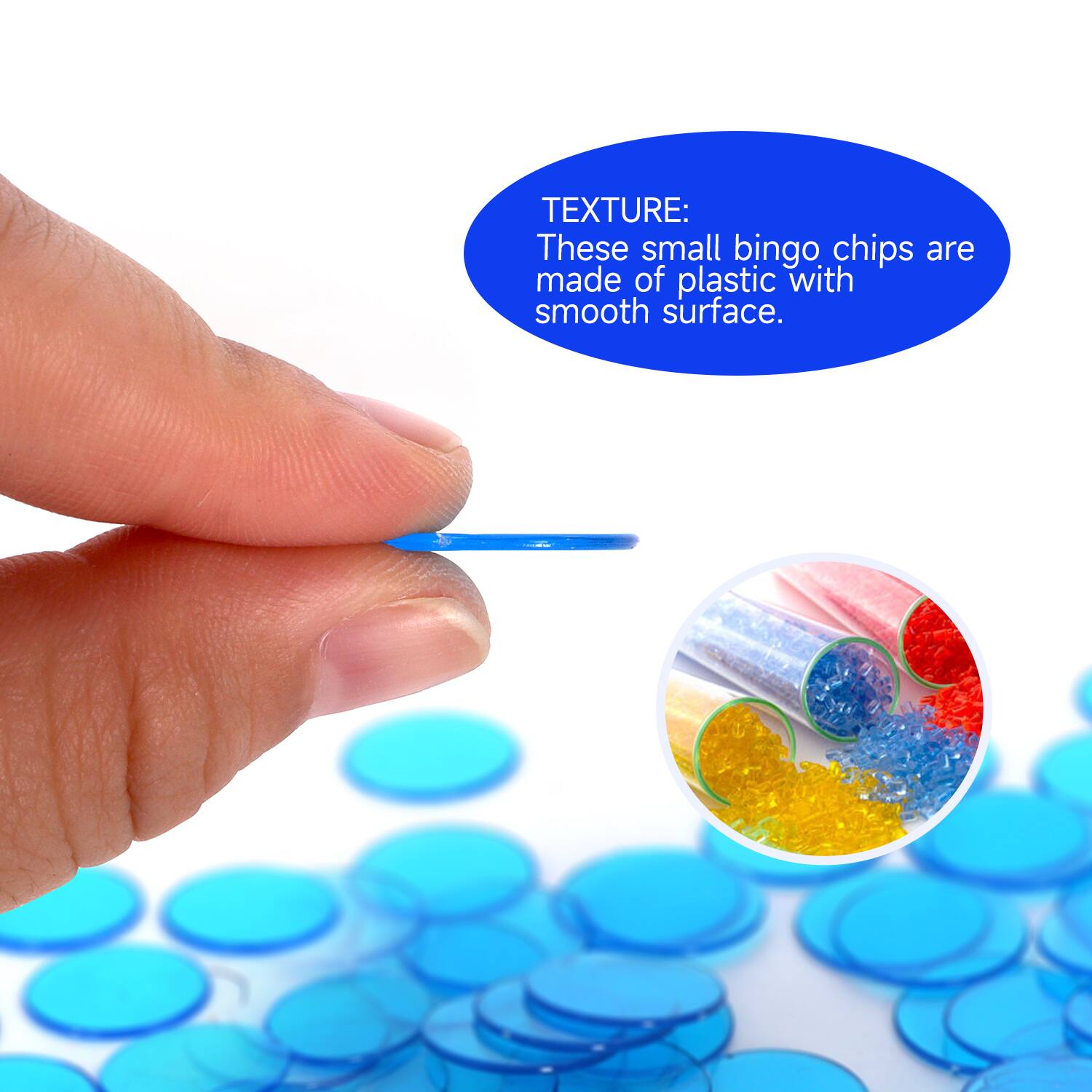TEXTURE: These small bingo chips are made of plastic with smooth surface.