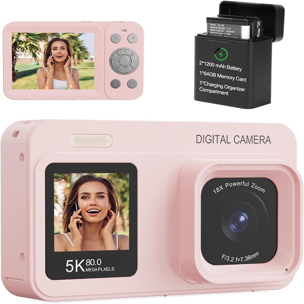 ACJPR - 5K Digital Camera, 80MP, Dual Screen, 18X Zoom, Autofocus, Pink