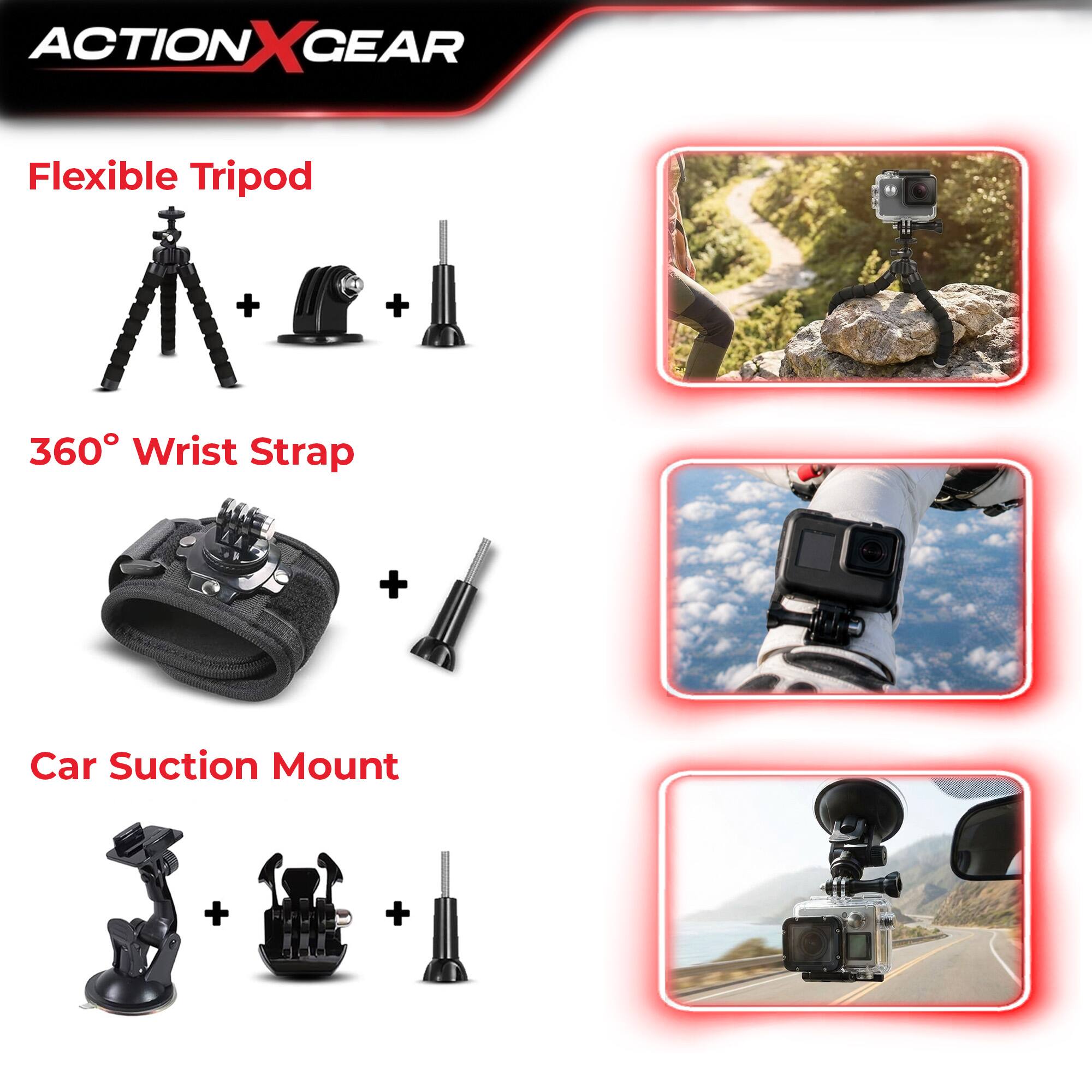 ACTION X CEAR Flexible Tripod + 360 Wrist Strap + Car Suction Mount