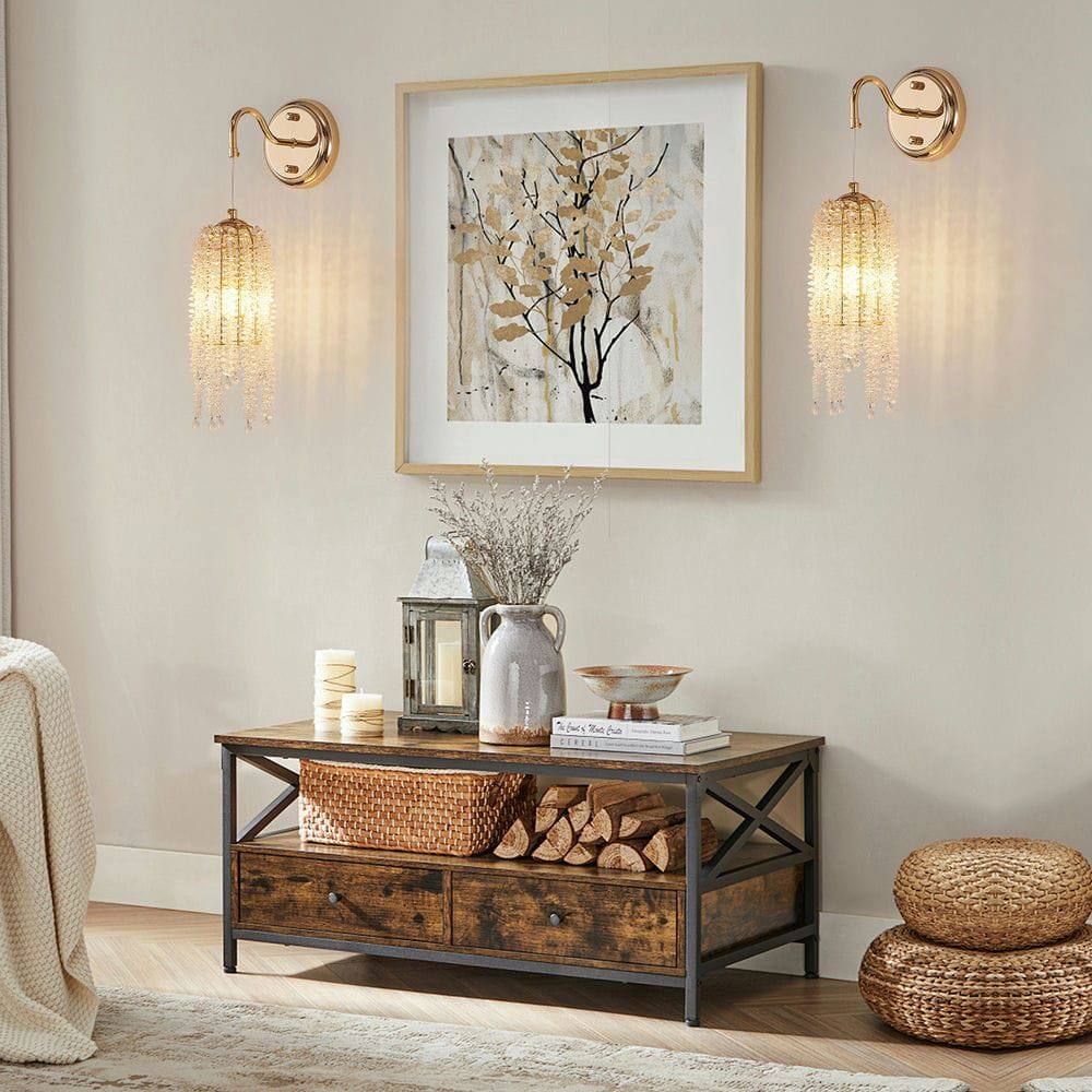 Front. Kadyn - Set of 2 Gold Frame and Cascading Crystal Bead String Wall Sconces, E12 Bulb Socket, Elegant Hanging Light Fixture, Gold - Gold.