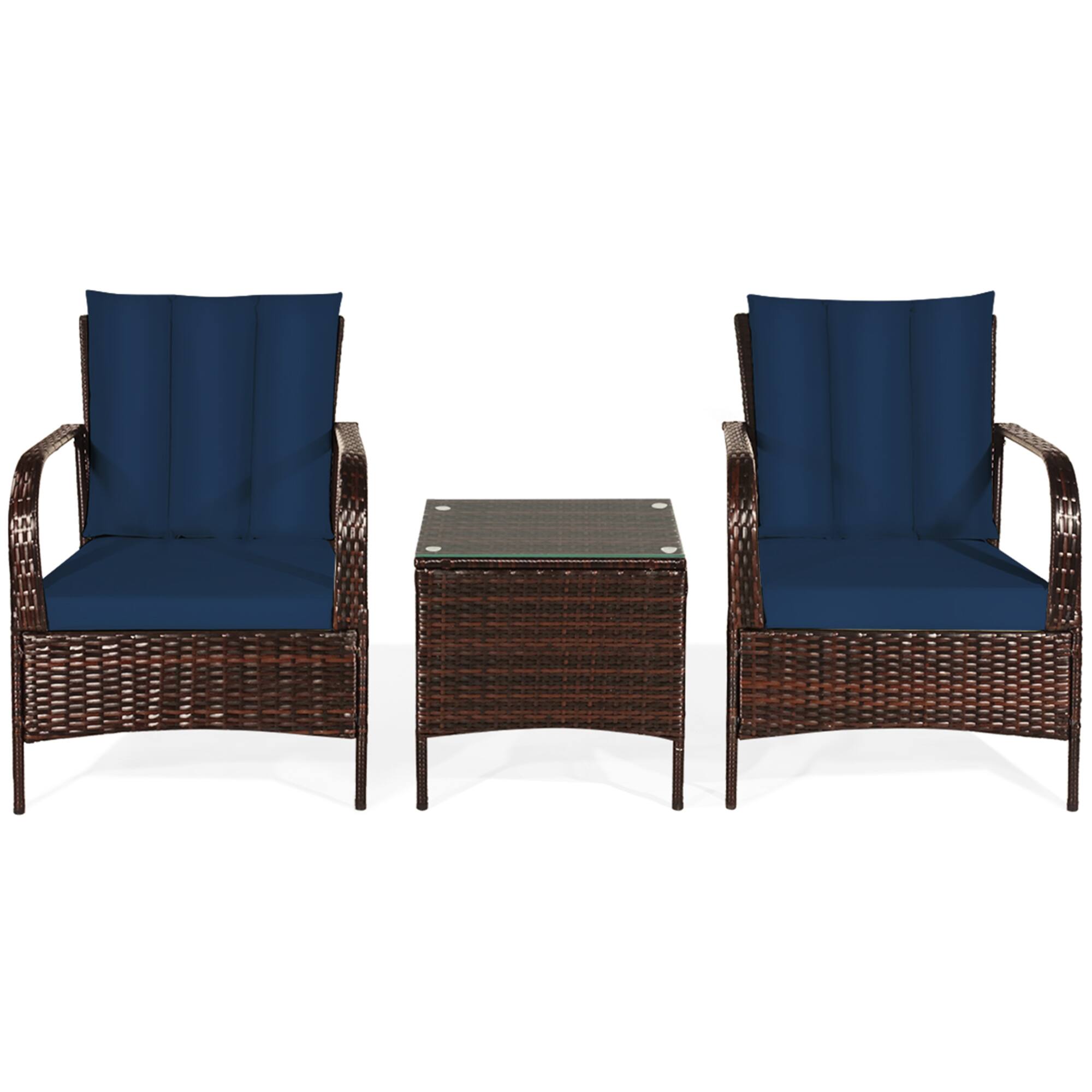 Alt View 4. Gymax - Gymax 3PCS Rattan Patio Conversation Set Outdoor Furniture Set w/ Table Cushions - Navy.