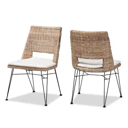 Front. bali & pari - Nafaro Modern Bohemian Natural Rattan Metal Dining Chair with Cushion 2-Piece Set - Greywashed/Black/White.