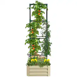 Outsunny - Galvanized Raised Garden Bed, 73.5" Tall Outdoor Planter Box with Trellis Tomato Cage and Open Bottom for Climbing Vines - Cream White