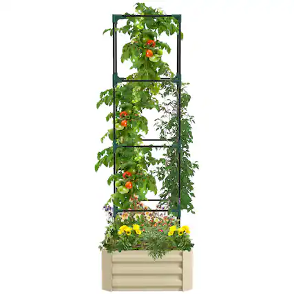 Front. Outsunny - Galvanized Raised Garden Bed, 73.5" Tall Outdoor Planter Box with Trellis Tomato Cage and Open Bottom for Climbing Vines - Cream White.