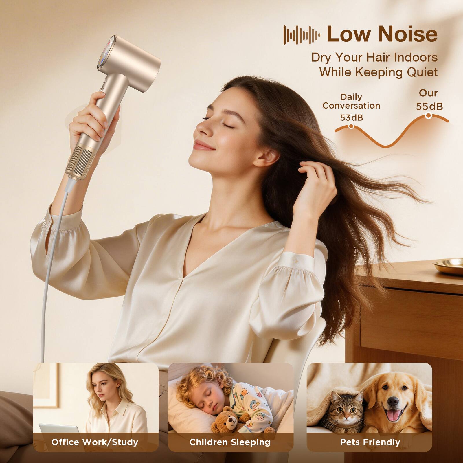 Low Noise  
Dry Your Hair Indoors While Keeping Quiet  
Daily Conversation 53dB  
Our 55dB  
Office Work/Study  
Children Sleeping  
Pets Friendly