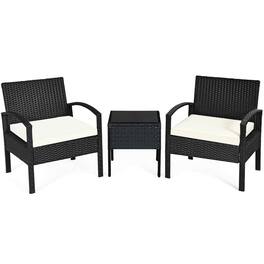 Kadyn - Rattan Wicker Patio Conversation Furniture Set Loveseat with Built-in Coffee Table and Cushions - Black