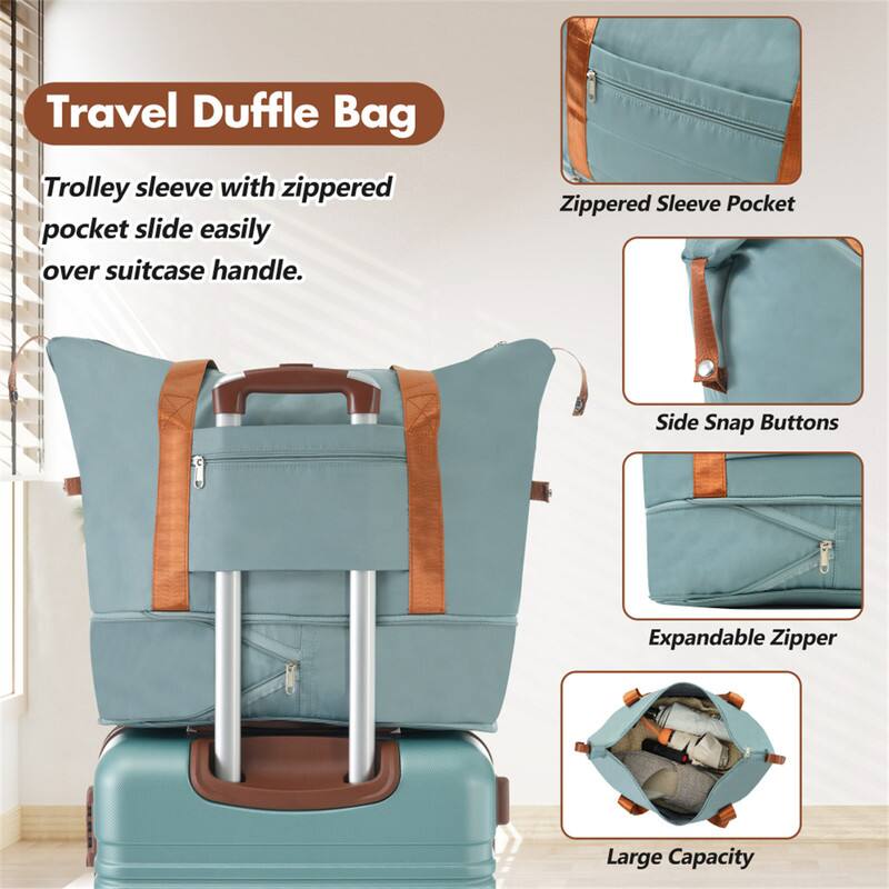 Travel Duffle Bag

Trolley sleeve with zippered pocket slide easily over suitcase handle.

- Zippered Sleeve Pocket
- Side Snap Buttons
- Expandable Zipper
- Large Capacity