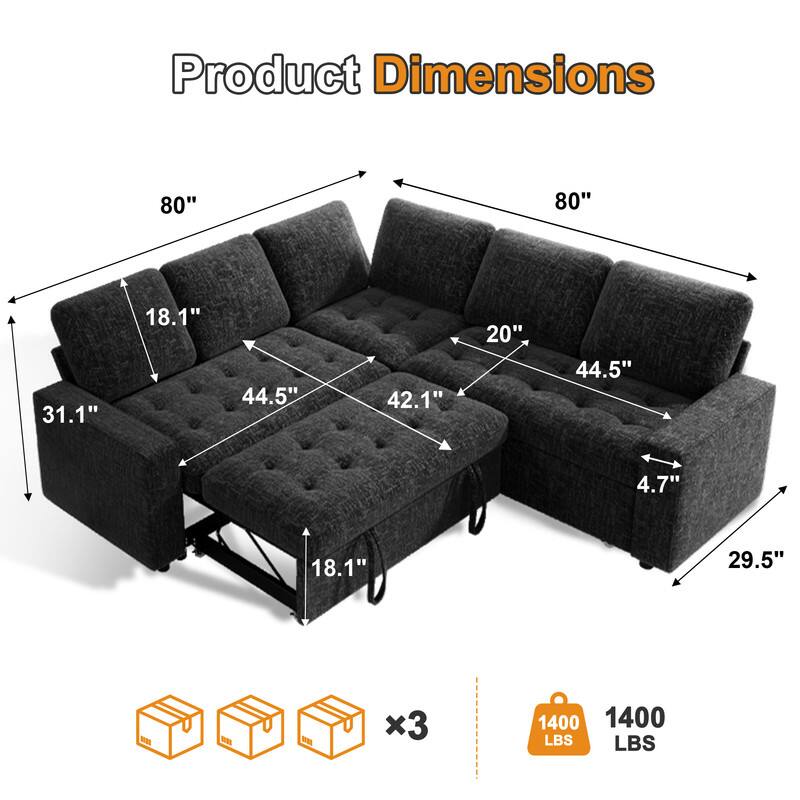 Product Dimensions

80"  
80"  
31.1"  
18.1"  
44.5"  
42.1"  
20"  
44.5"  
4.7"  
18.1"  
29.5"  
x3  
1400 LBS
