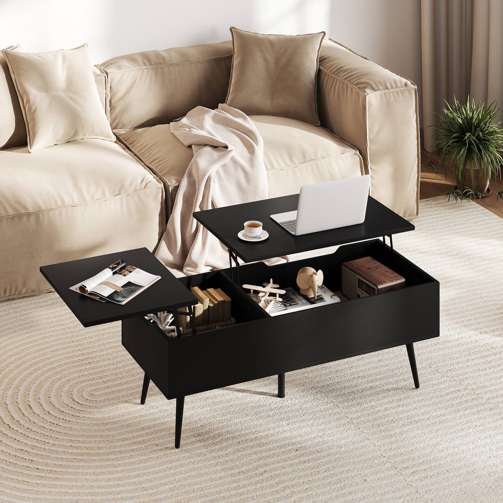 Alt View 1. Gymax - Gymax Lift Top Coffee Table w/ Split Top & 2 Hidden Compartments Tapered Metal Legs - Black.