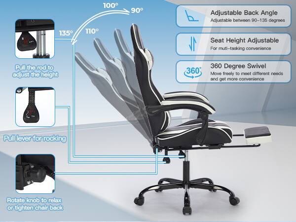 - Adjustable Back Angle: Adjustable between 90-135 degrees
- Seat Height Adjustable: For multi-tasking convenience
- 360 Degree Swivel: Move freely to meet different needs and get more convenience
- Pull the rod to adjust the height
- Pull lever for rocking
- Rotate knob to relax or tighten chair back
